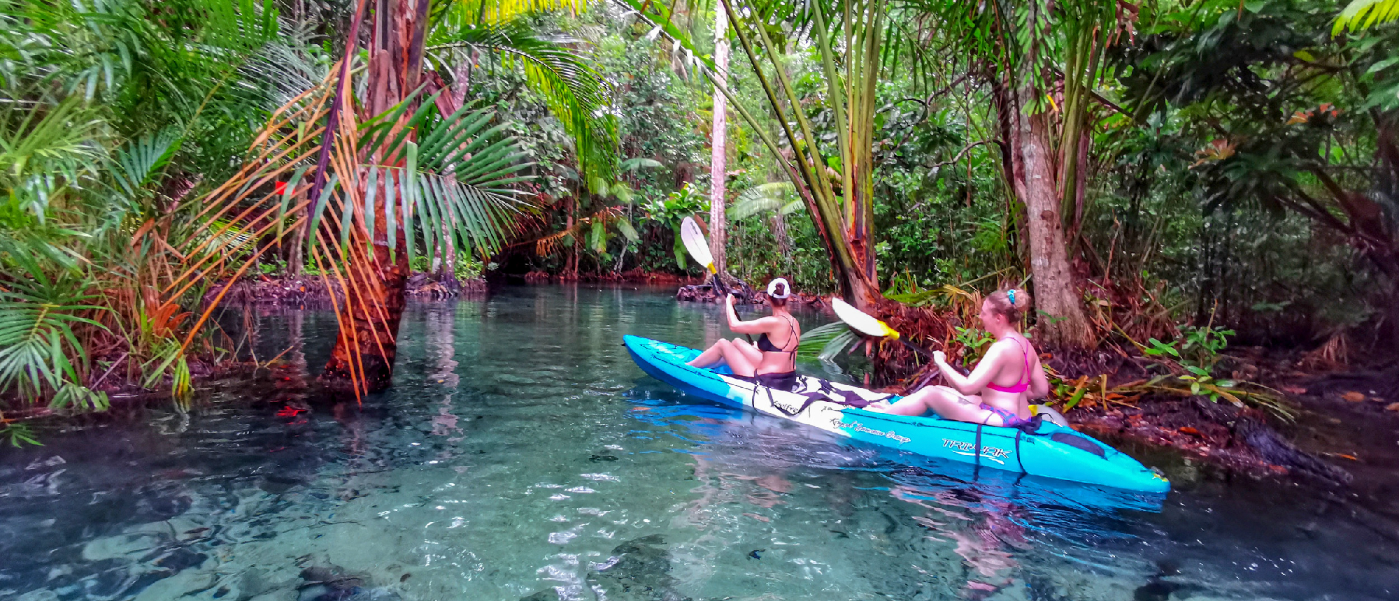 Two women kayak on clear emerald water through a lush jungle in Krabi, Thailand.