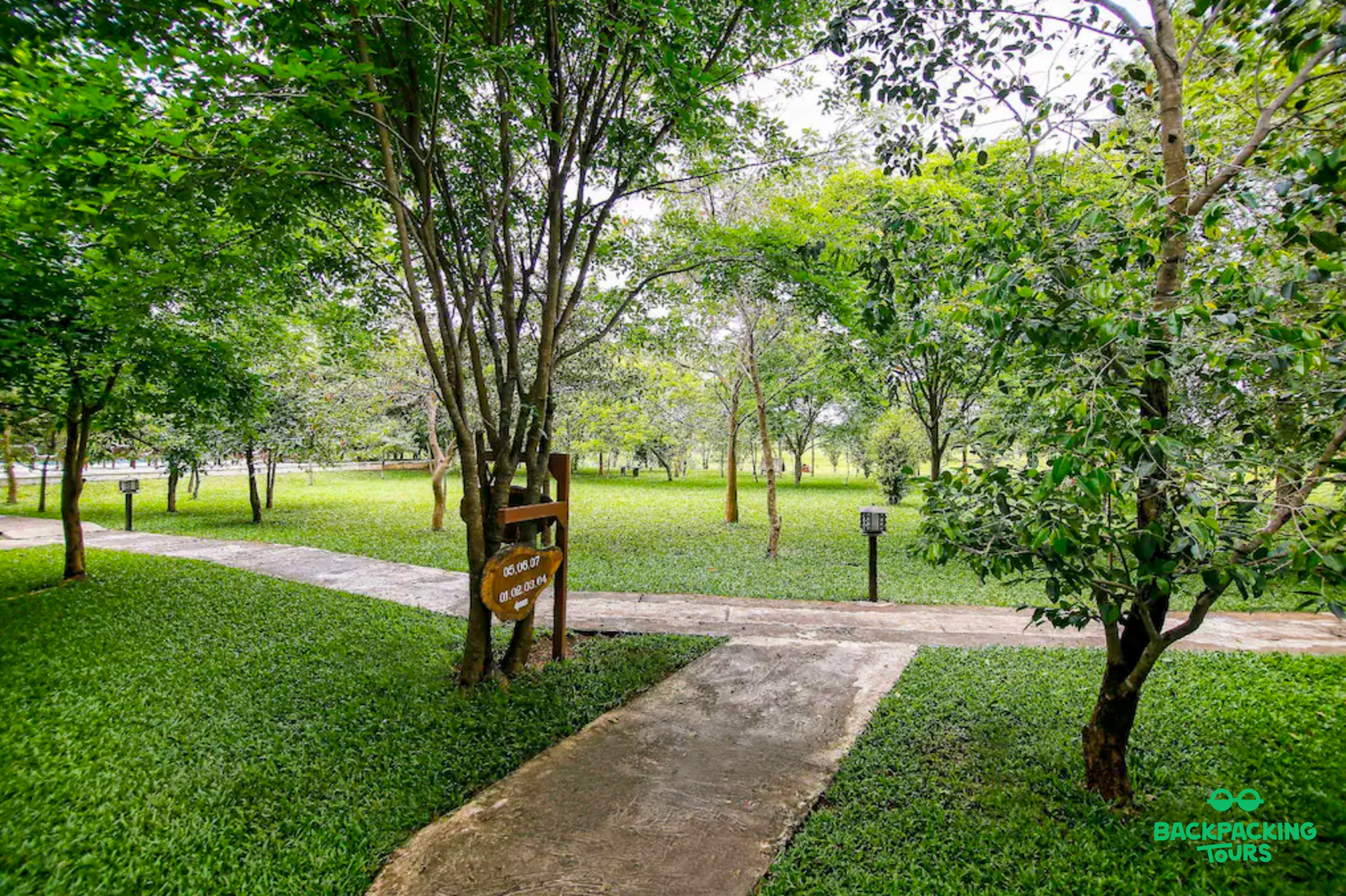 Lush green garden paths winding through trees at a peaceful accommodation in Dambulla.