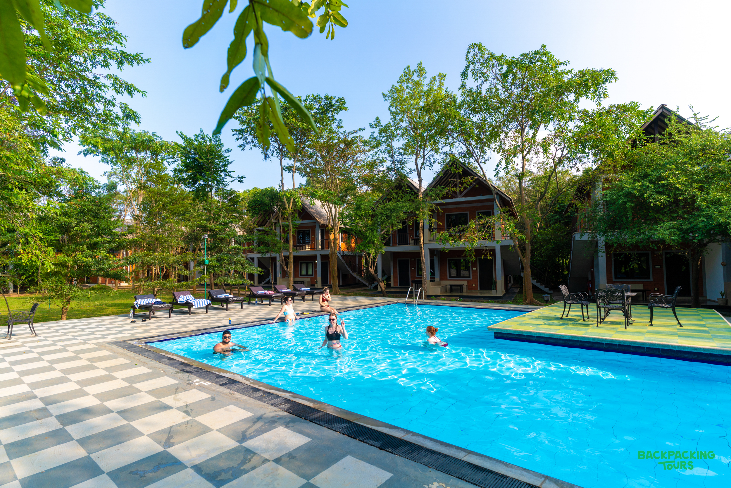 Travelers relax and swim in a bright blue pool surrounded by lush trees and modern accommodation in Dambulla, Sri Lanka.