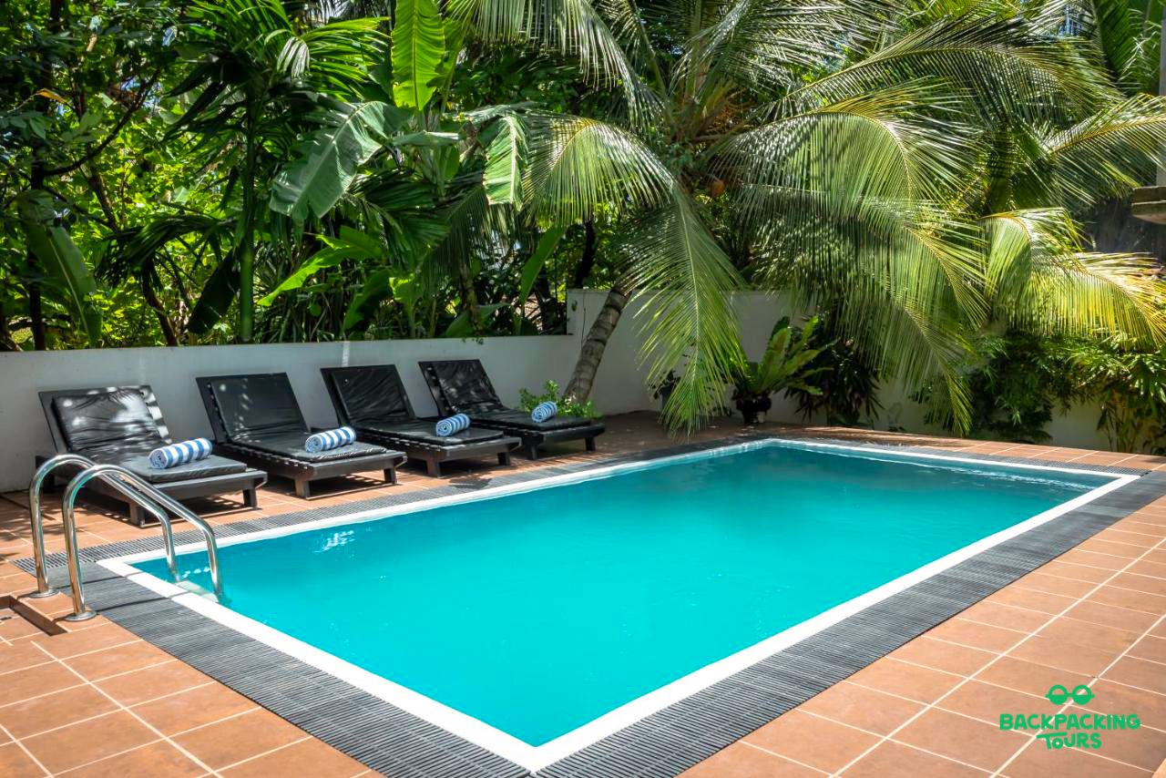 An inviting blue swimming pool with lounge chairs surrounded by lush tropical plants at Weligama accommodation.