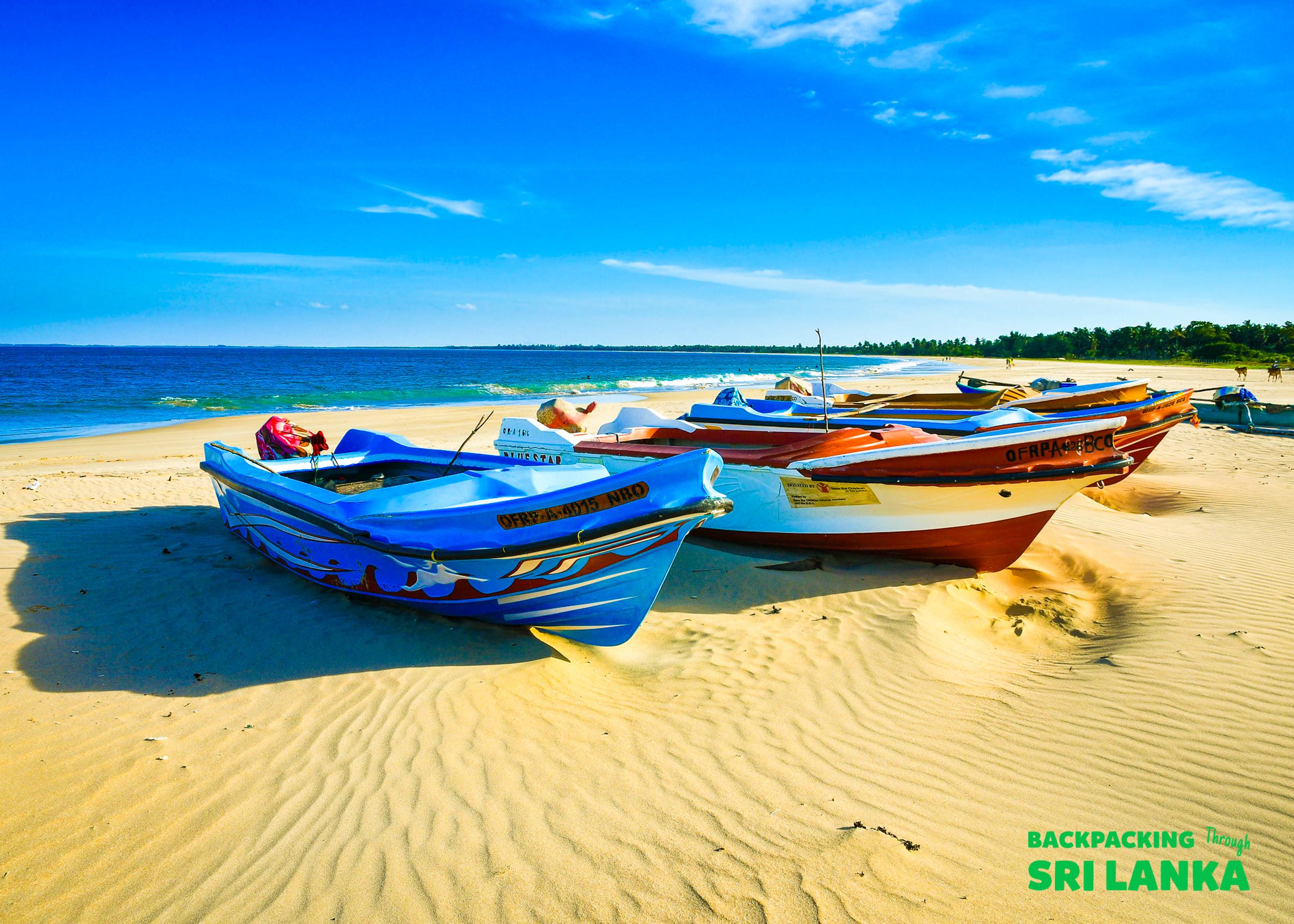 Colorful fishing boats rest on a golden sandy beach under a bright blue sky in Sri Lanka.