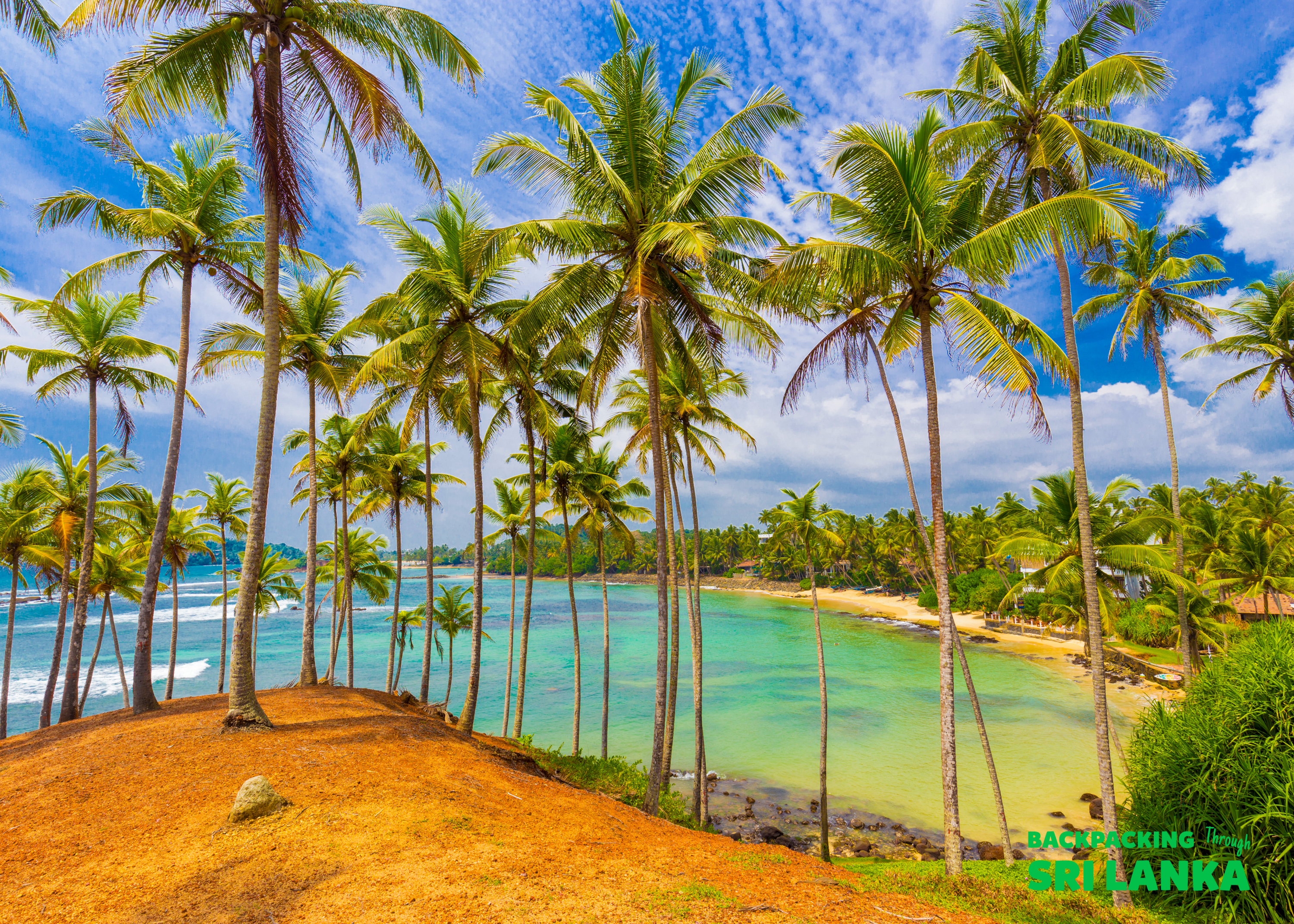 Tall palm trees overlook a beautiful turquoise bay and sandy beach in Weligama, Sri Lanka.