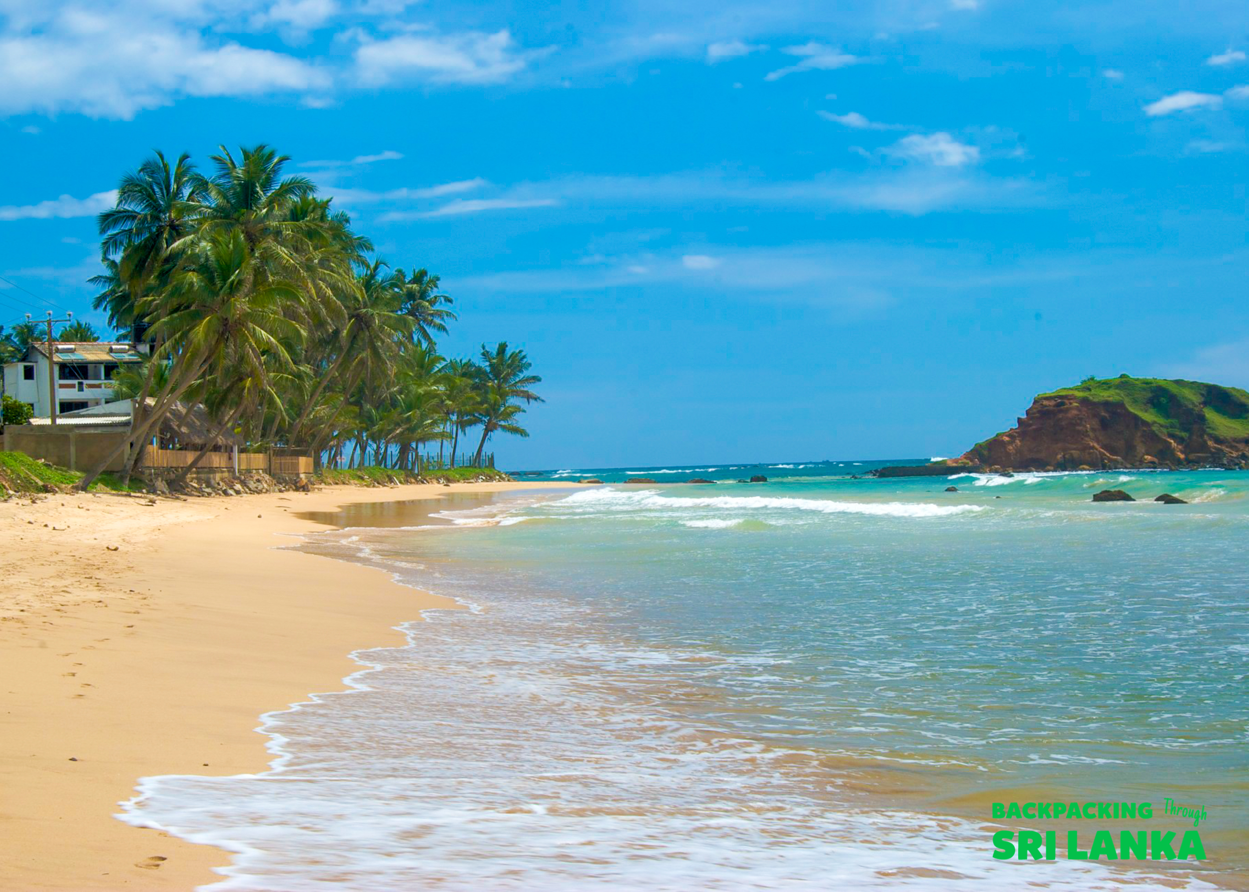 Relaxing Weligama beach in Sri Lanka with golden sand, clear blue water, and swaying palm trees.