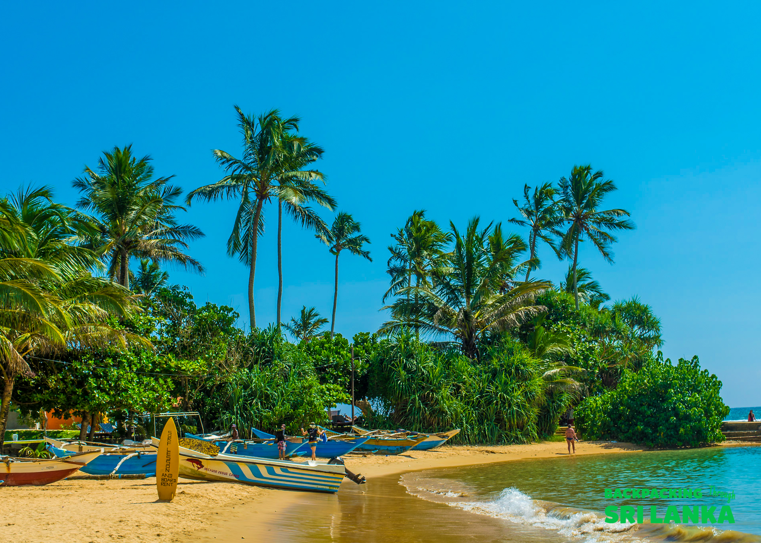 Tropical beach with palm trees, traditional boats, and a surfboard under a clear blue sky in Sri Lanka.