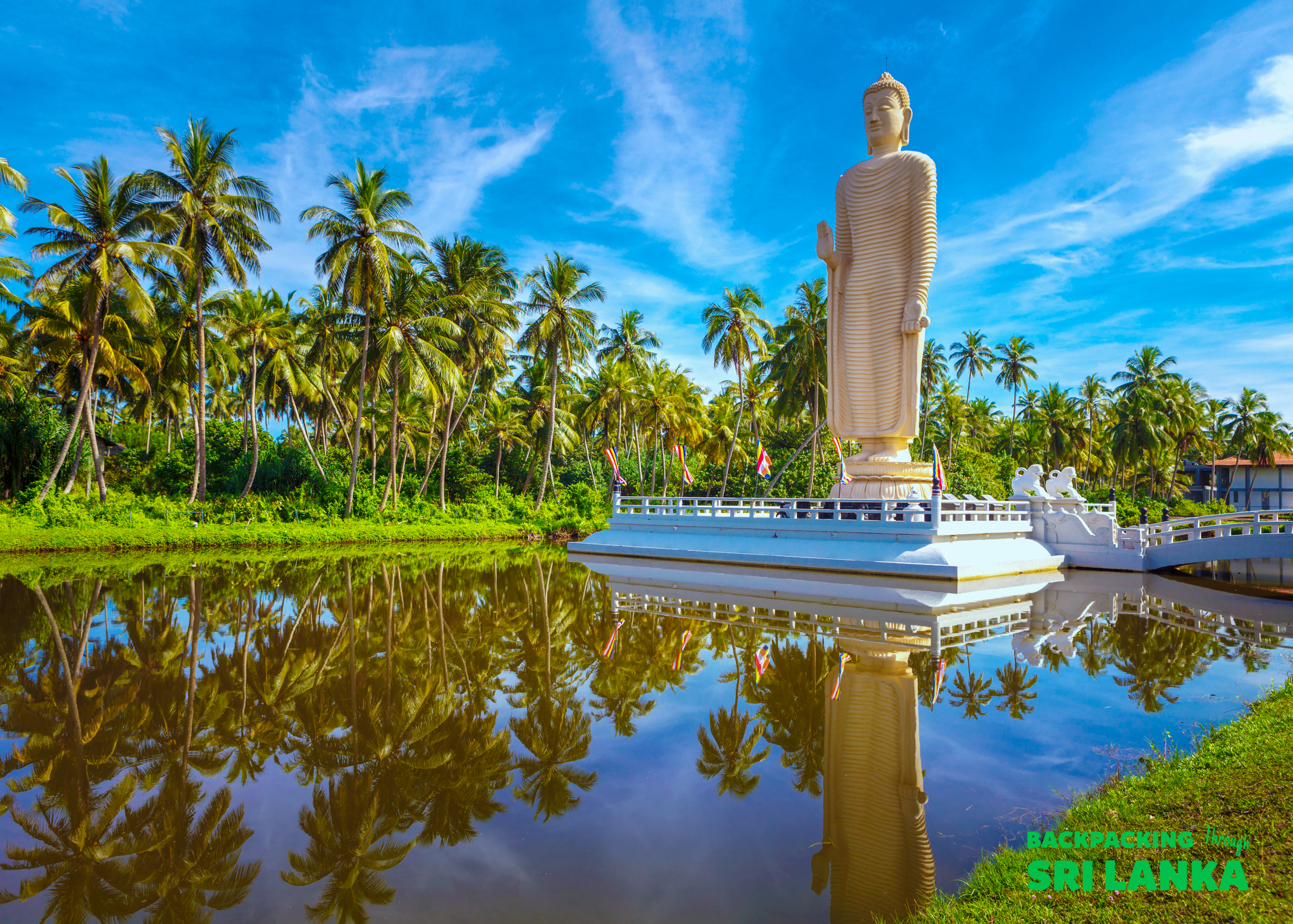 The majestic Tsunami Memorial Buddha Statue stands reflected in calm water, surrounded by palm trees in Sri Lanka.