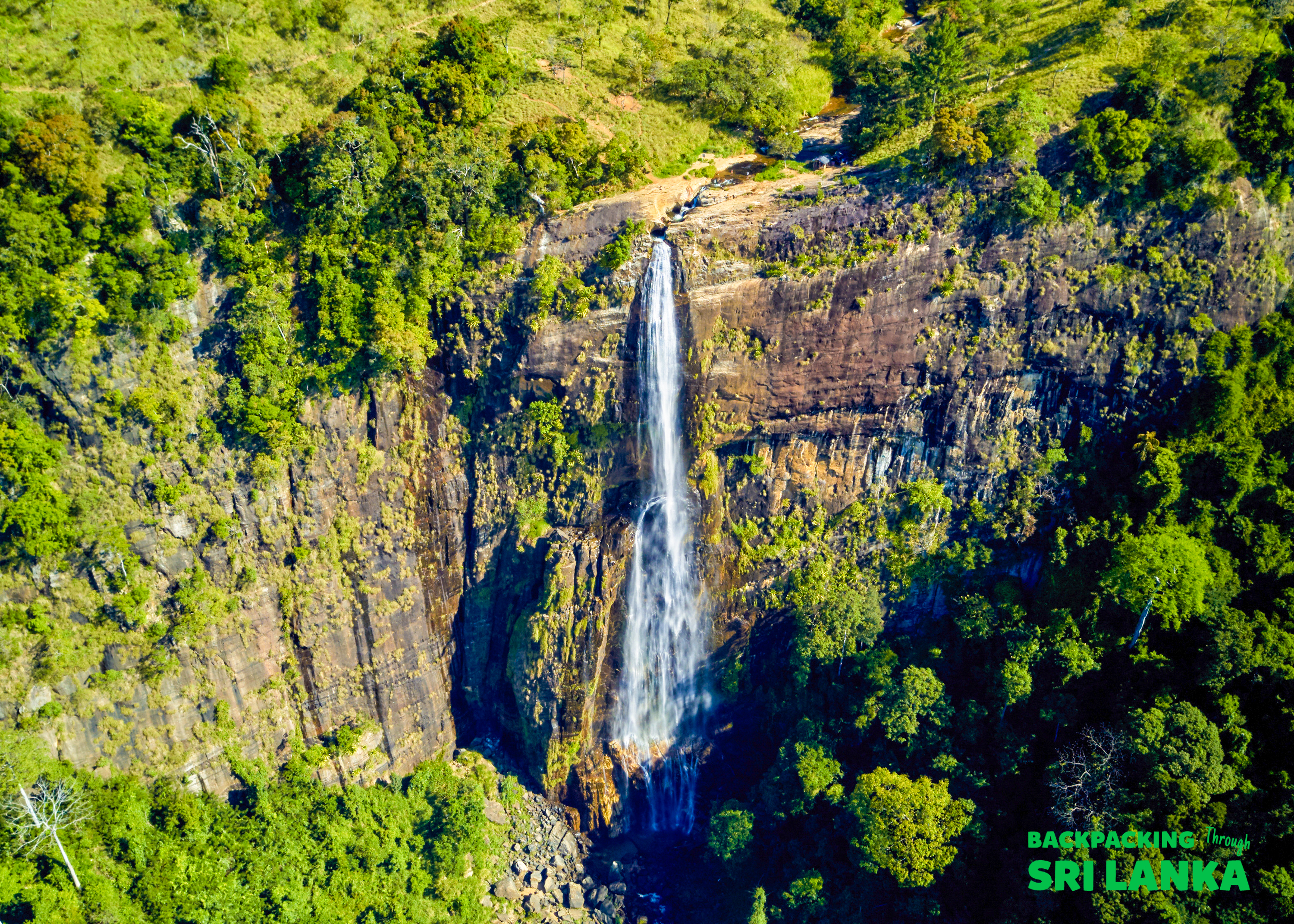 The majestic Diyaluma Waterfalls plunges down a rocky cliff, surrounded by lush green jungle in Sri Lanka.
