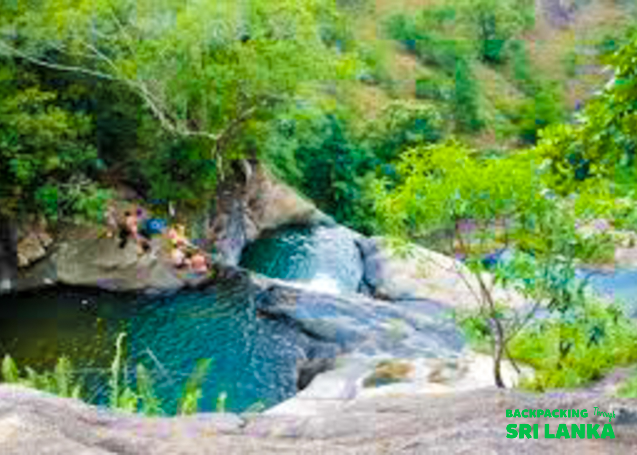 Travelers enjoy a refreshing dip in the clear blue pools of Diyaluma Waterfalls, nestled in lush Sri Lankan jungle.