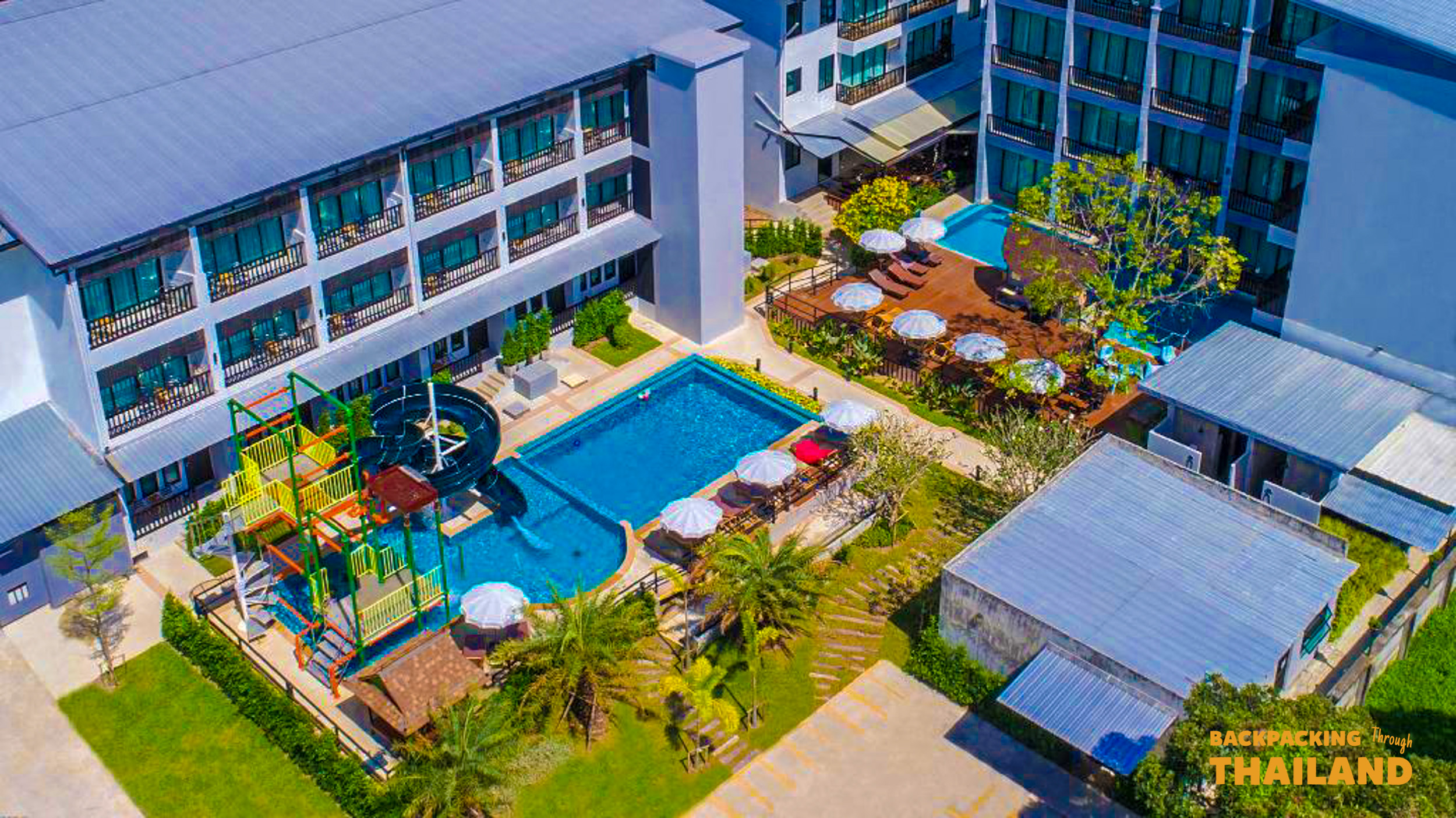 Drone shot of Krabi accommodation and swimming pool.