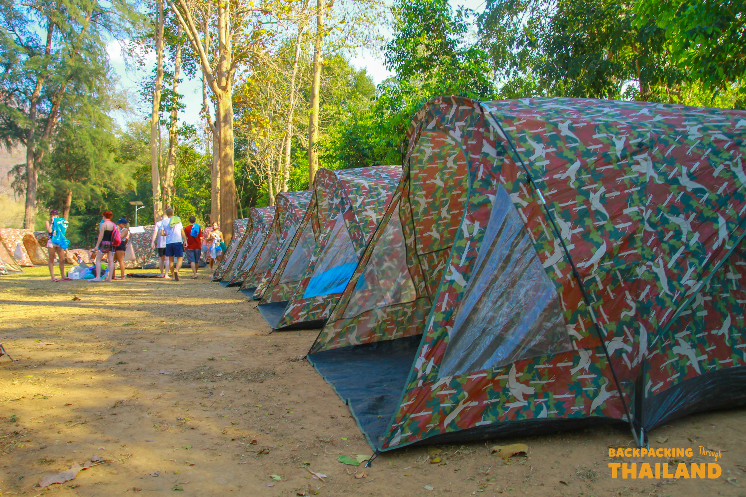 Row of camouflage-patterned tents set up in a wooded campsite