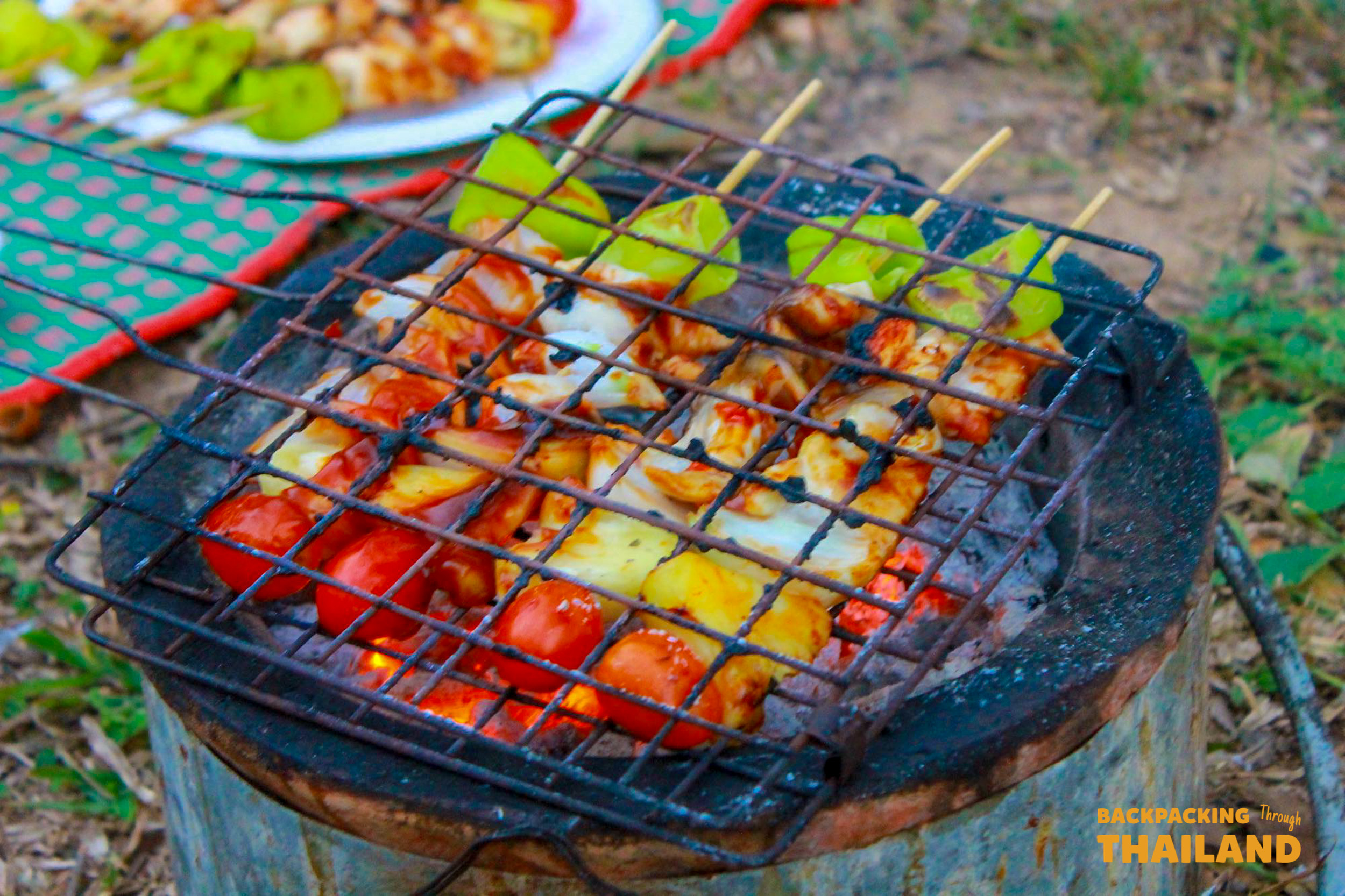 Close-up of skewers grilling on a barbecue at the campsite