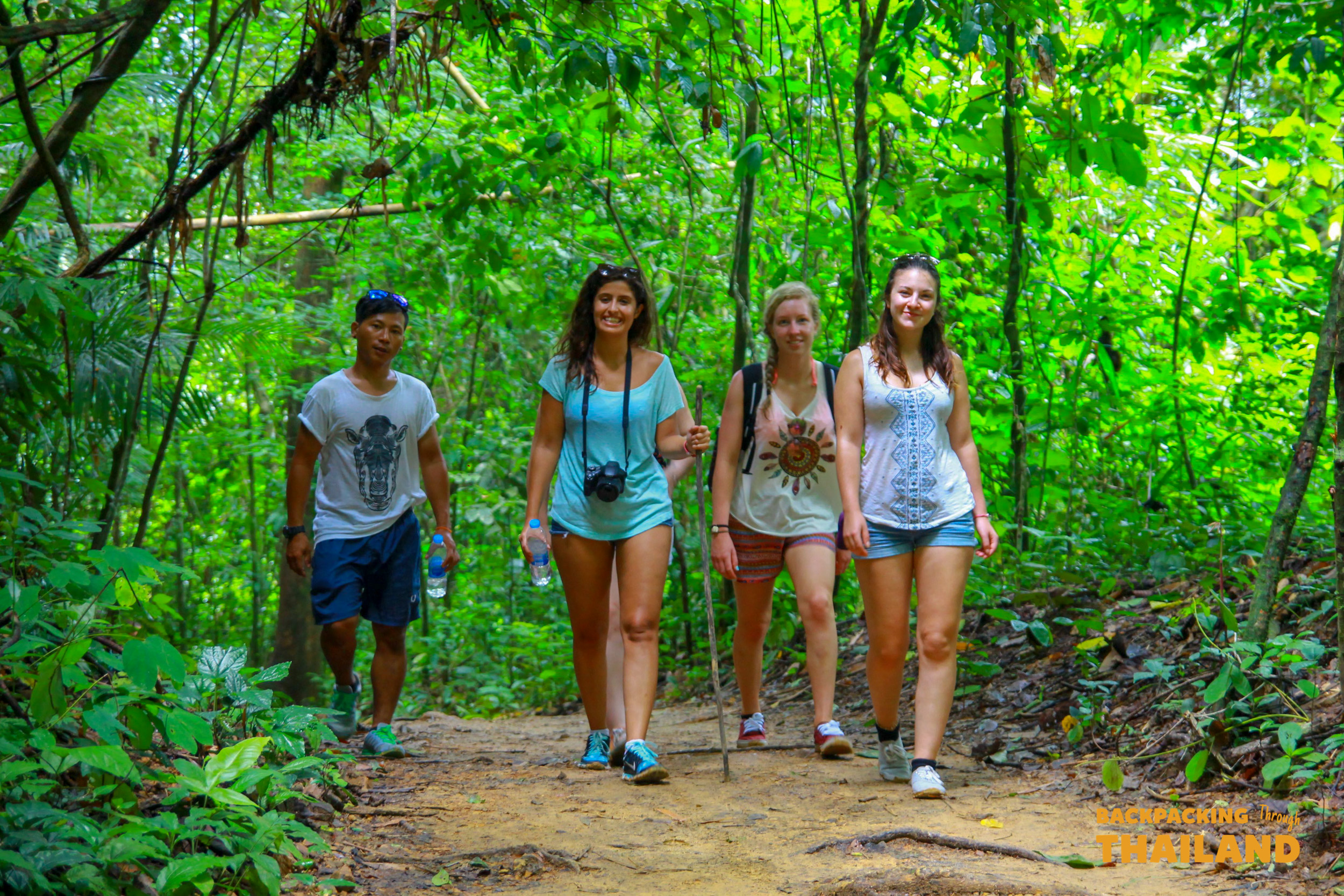 Four happy travelers hiking through the lush green jungle trails of Khao Sok National Park.