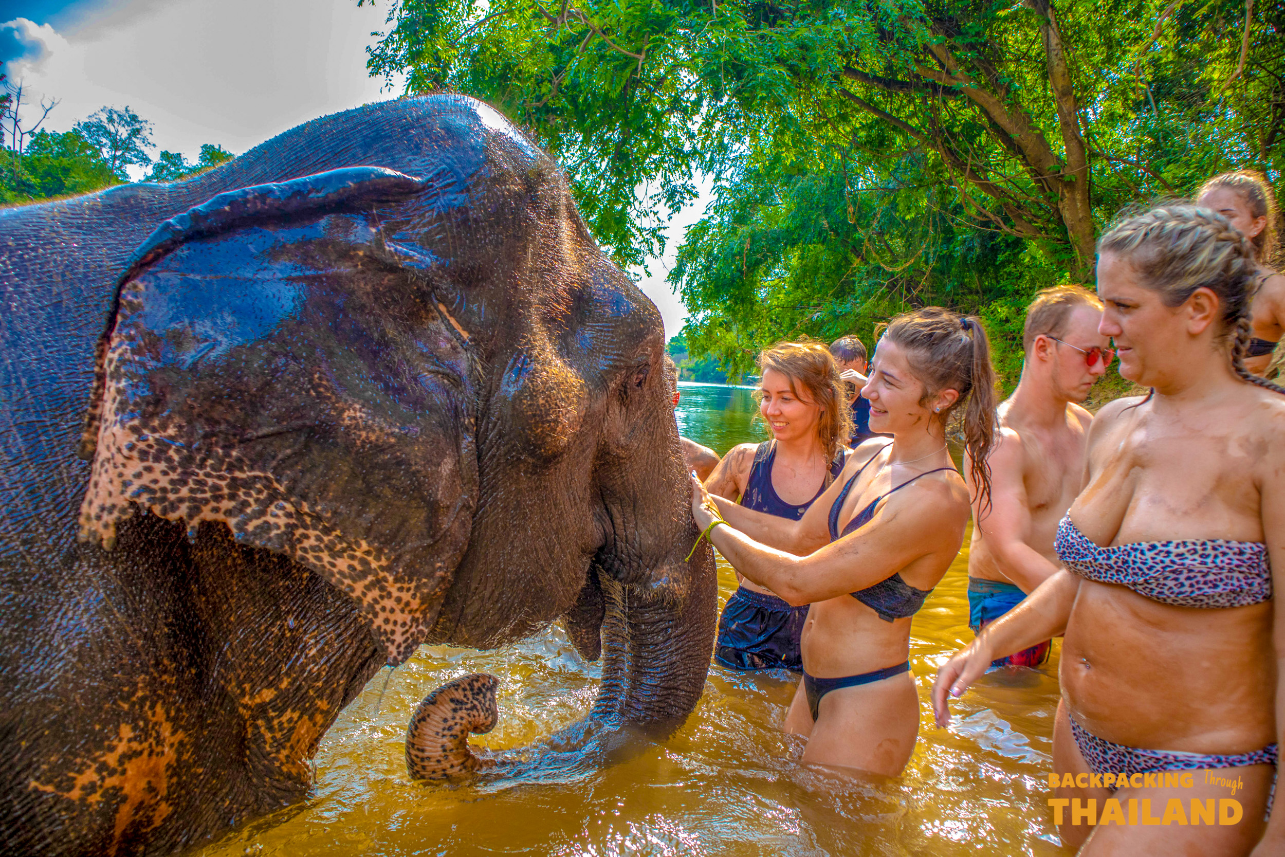 Happy tourists enjoy bathing and interacting with a large elephant in a river in Thailand.