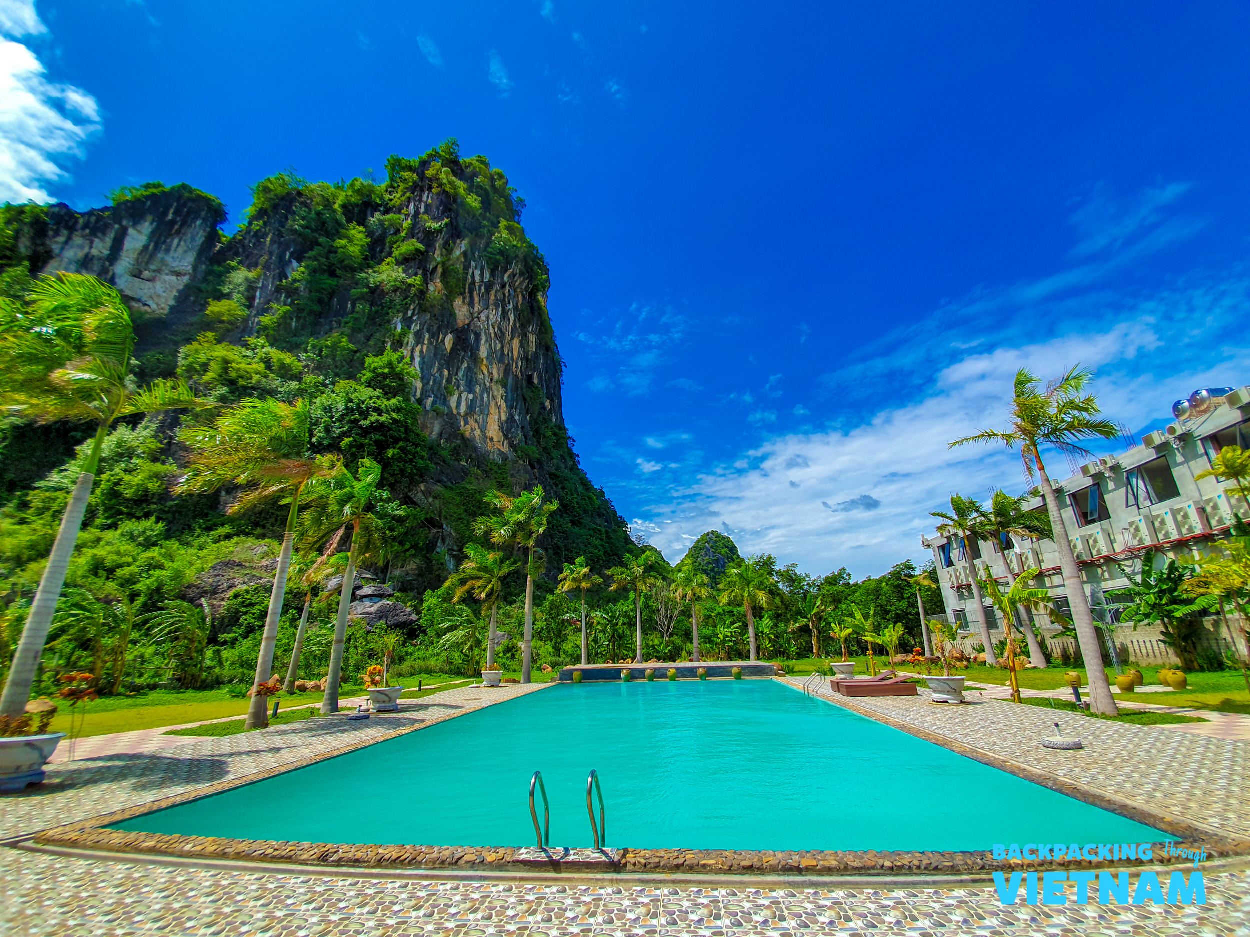A tranquil hotel swimming pool with lush palm trees and dramatic limestone mountains in Phong Nha.