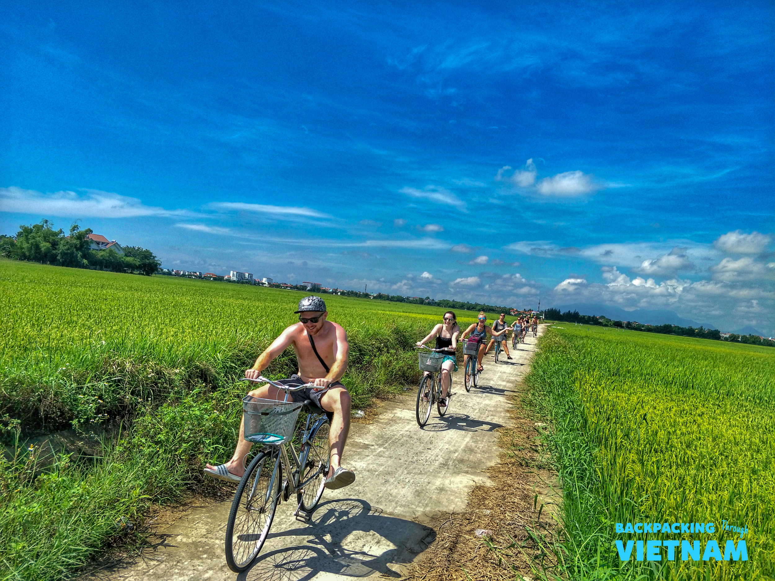 A group of backpackers cycle through vibrant green rice fields under a bright blue sky in Hoi An.
