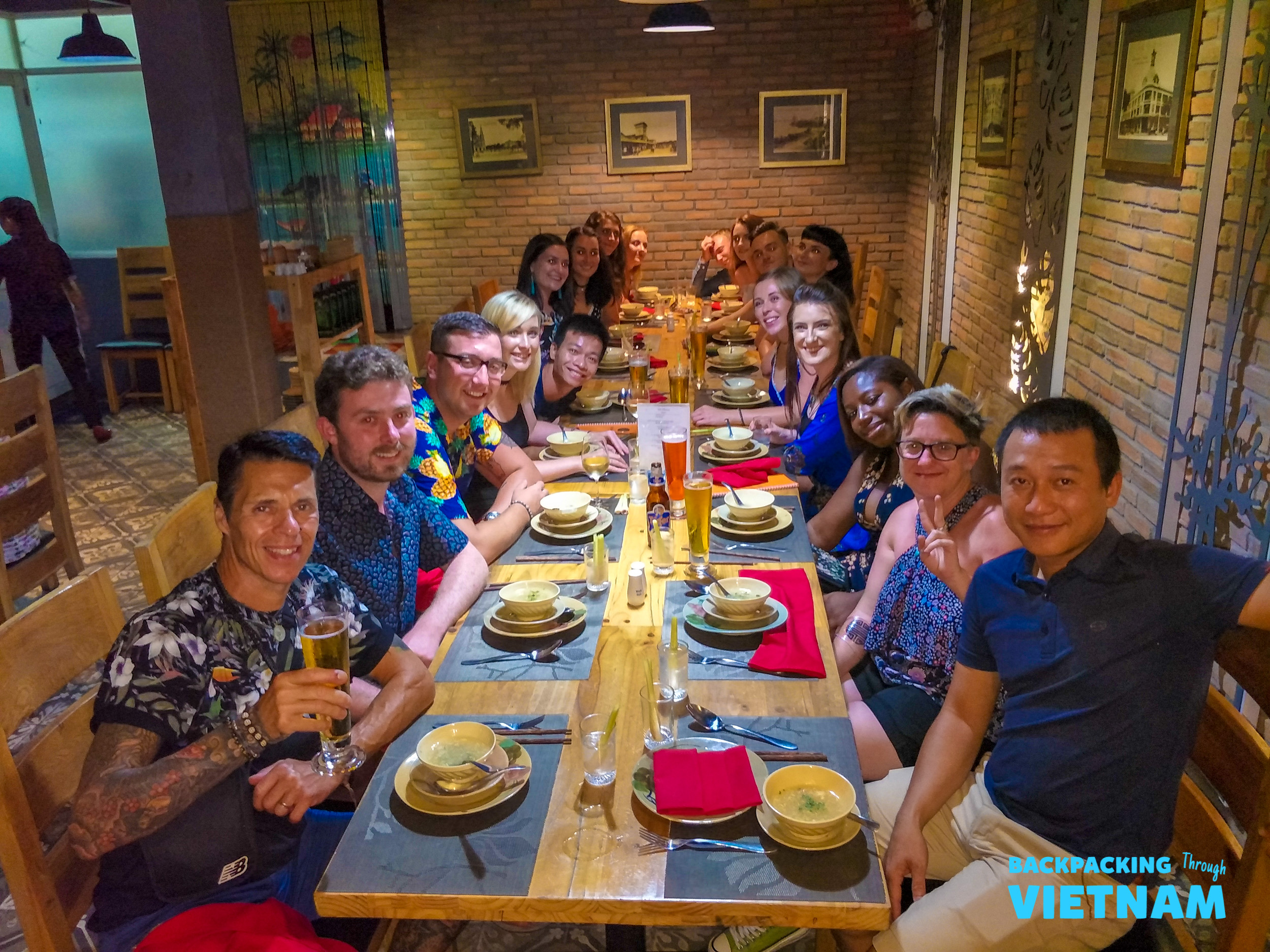 Backpacking group dinner at Saigon restaurant