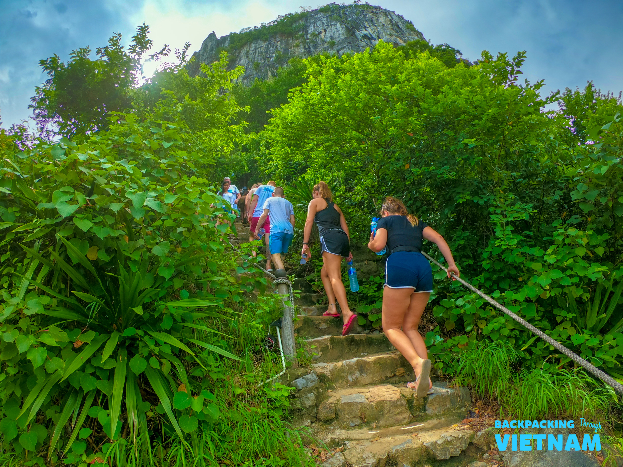 Backpackers climb a steep stone staircase through lush green foliage towards a mountain in Tam Coc.
