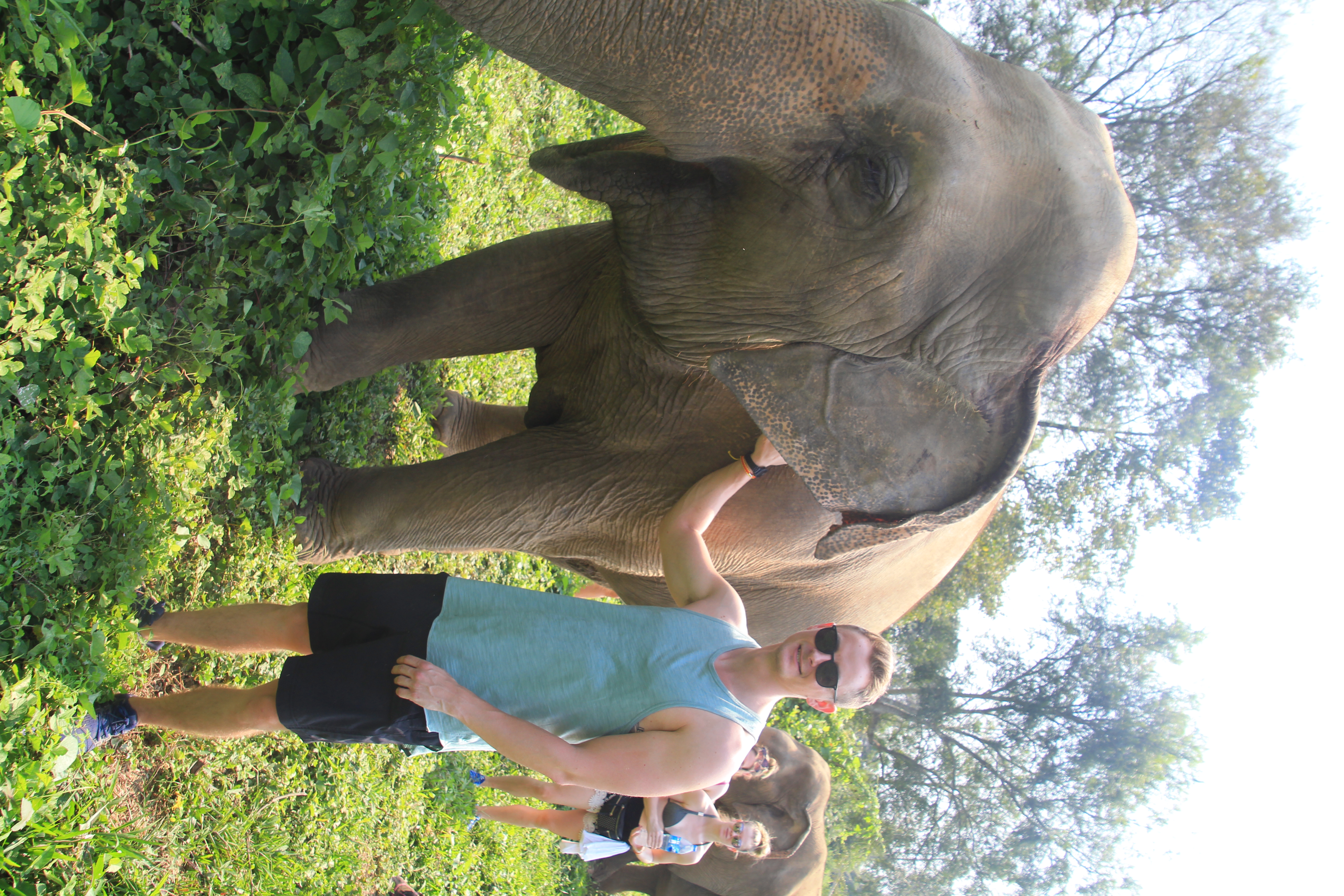 A smiling man in sunglasses gently touches an elephant's head in a grassy field in Thailand.