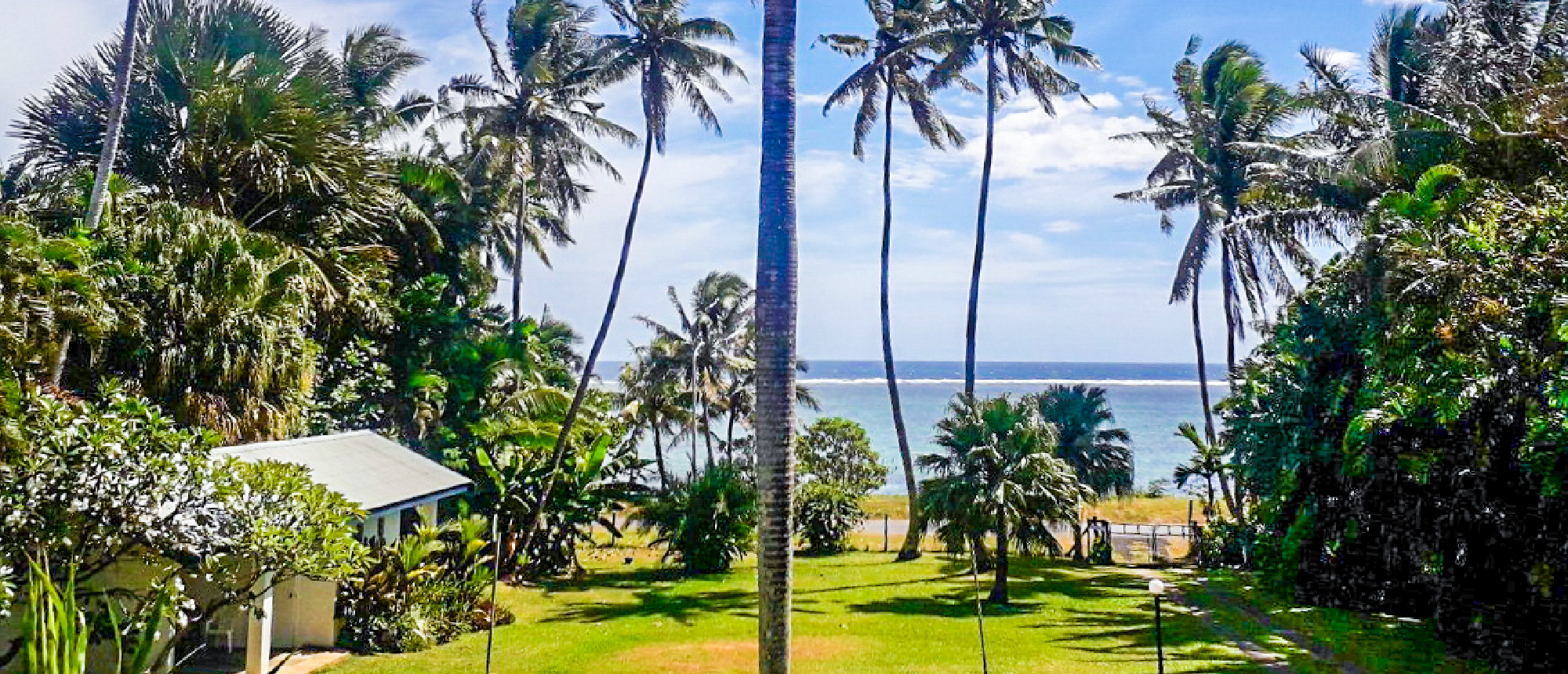 A small building, lush green lawn, and tall palm trees overlook the calm blue ocean.