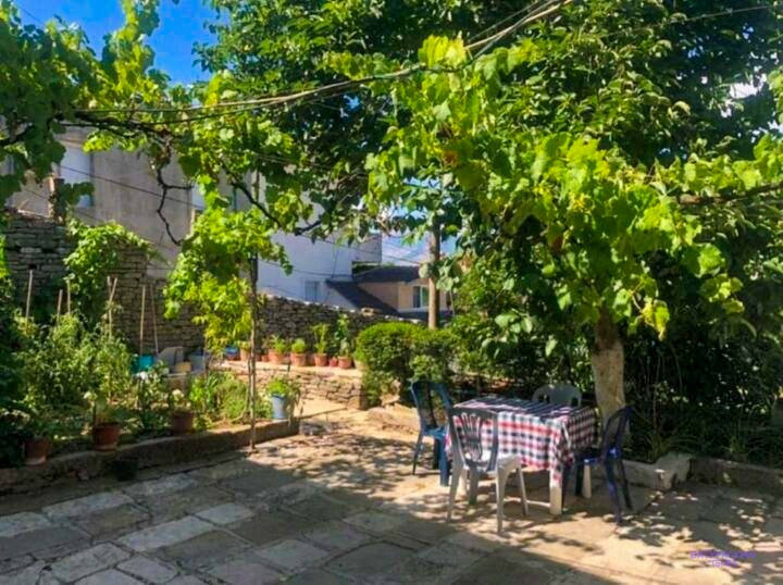 The shady garden of the guesthouse in Gjirokastër, with a table under a grapevine