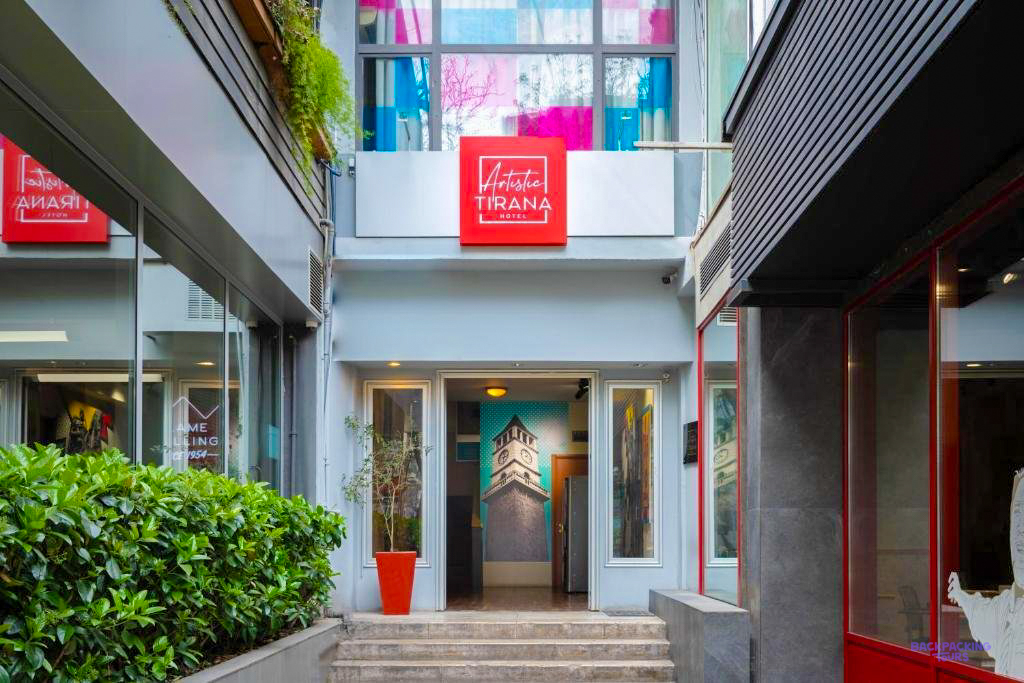 The entrance of the hotel in Tirana
