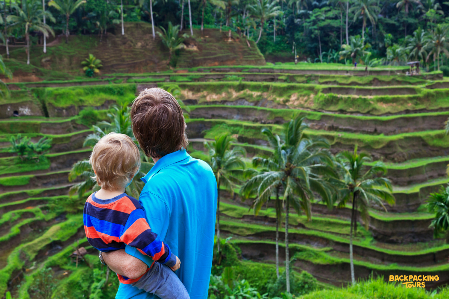 A man holds a child, looking out over lush green terraced rice fields in Ubud, Bali.