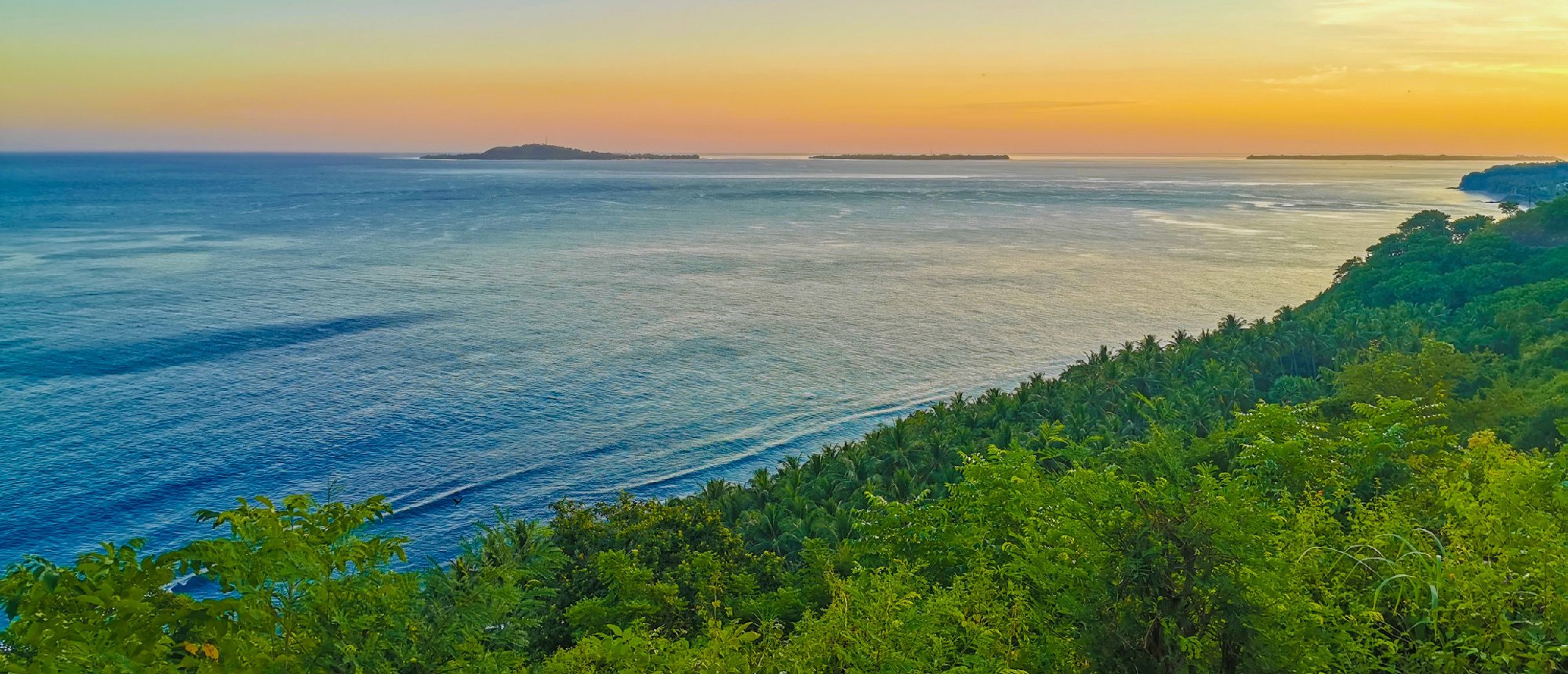 Warm sunset over the Gili Trawangan coast, with dense green trees bordering the calm blue ocean.