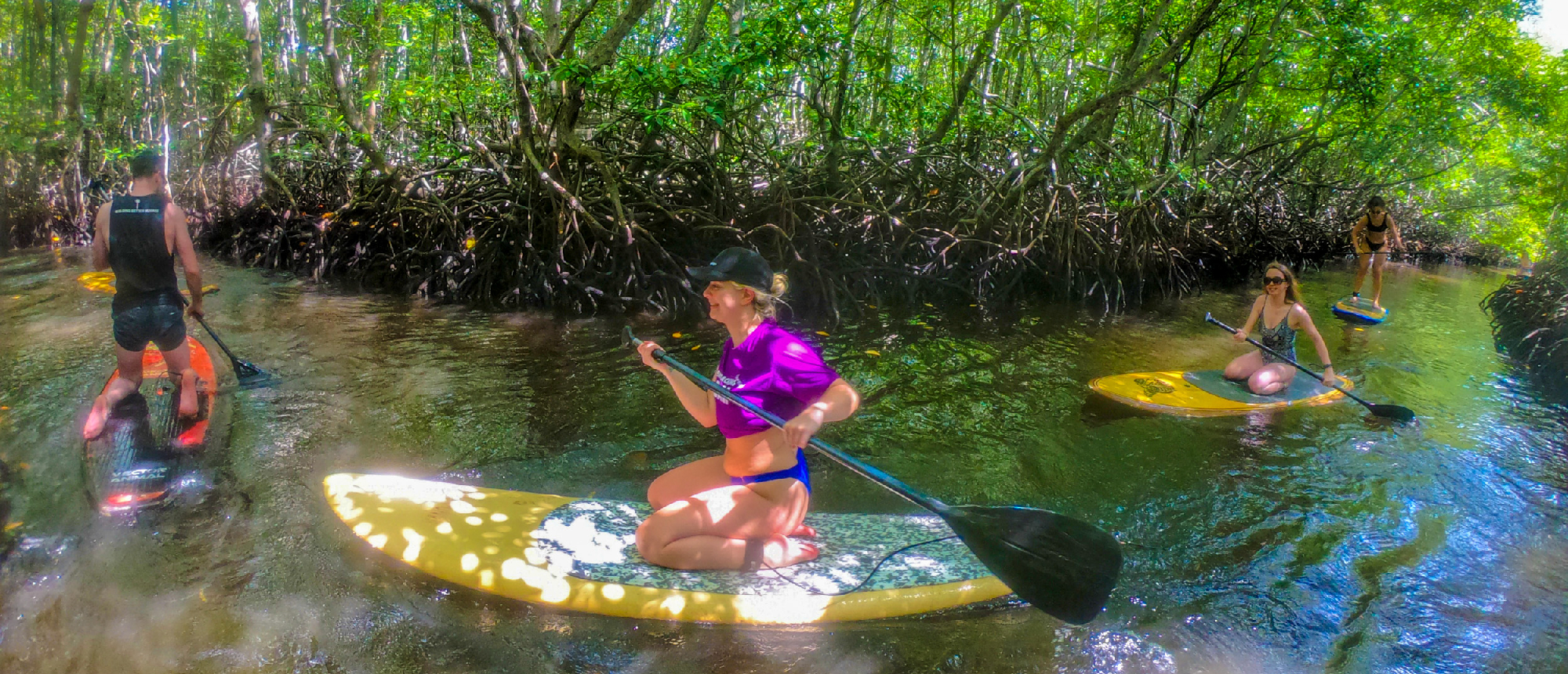 Travelers paddleboard through the serene, green mangroves of Nusa Lembongan, enjoying a unique tropical adventure.