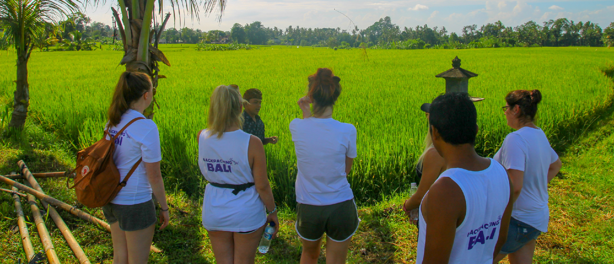 A group of travelers engages with a local person beside lush green rice paddies in Ubud, Bali.