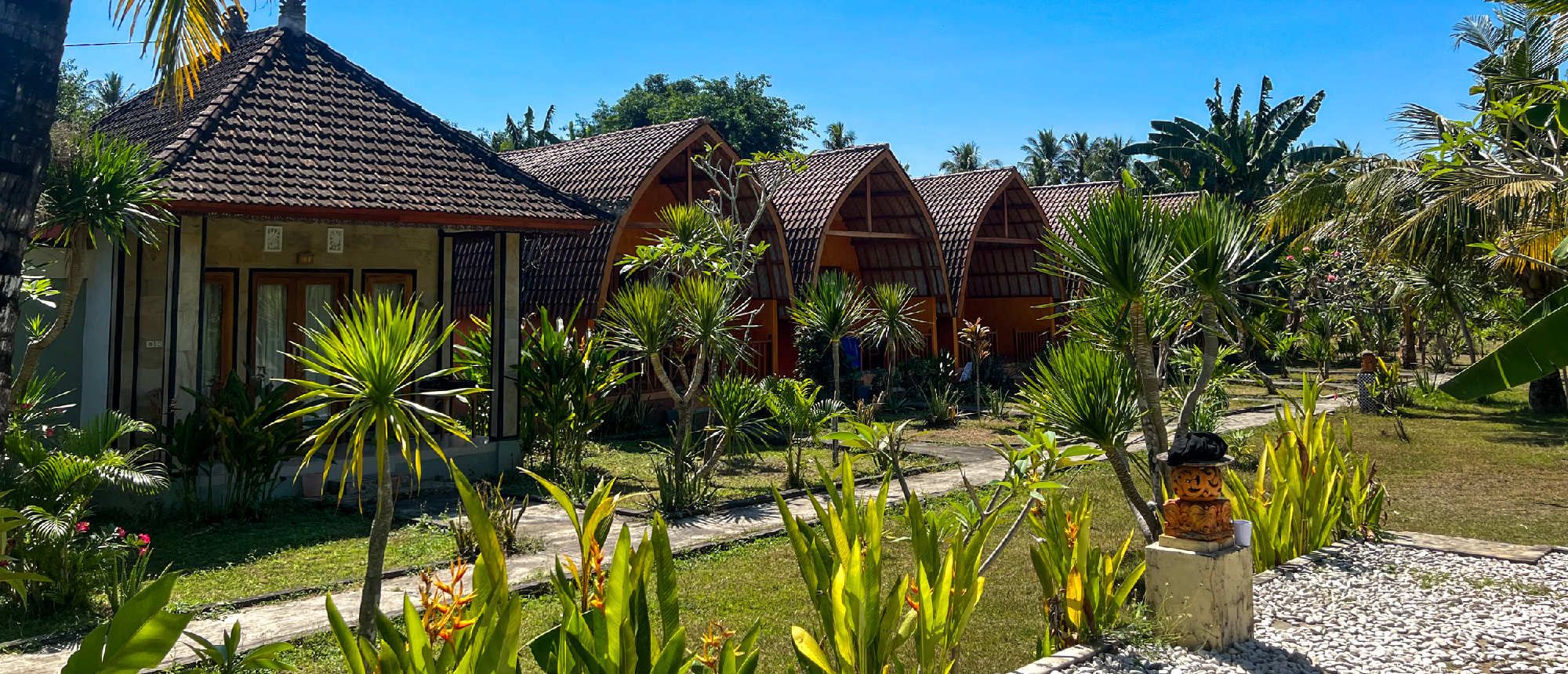 Sunny view of traditional and arched bungalows amidst green gardens and palm trees in Nusa Penida.