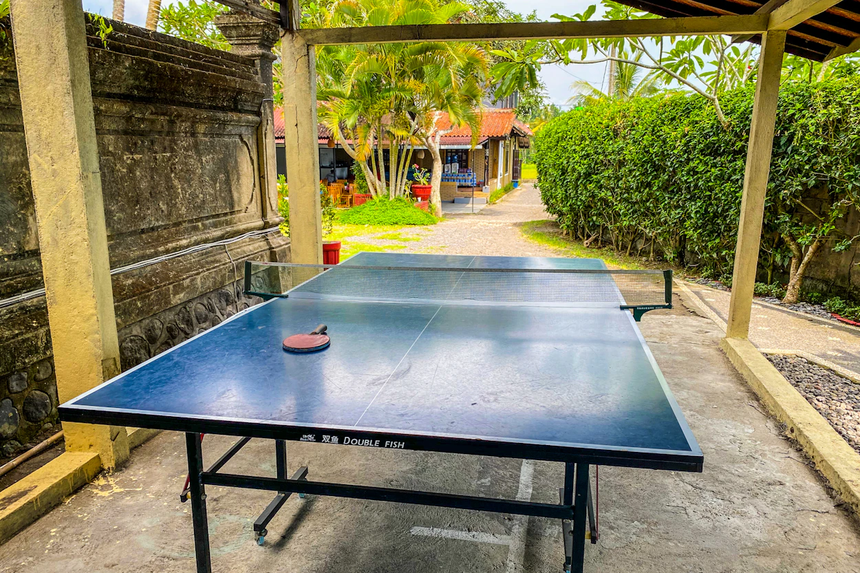 A blue ping-pong table and paddle on a shaded patio in a lush Balinese setting.