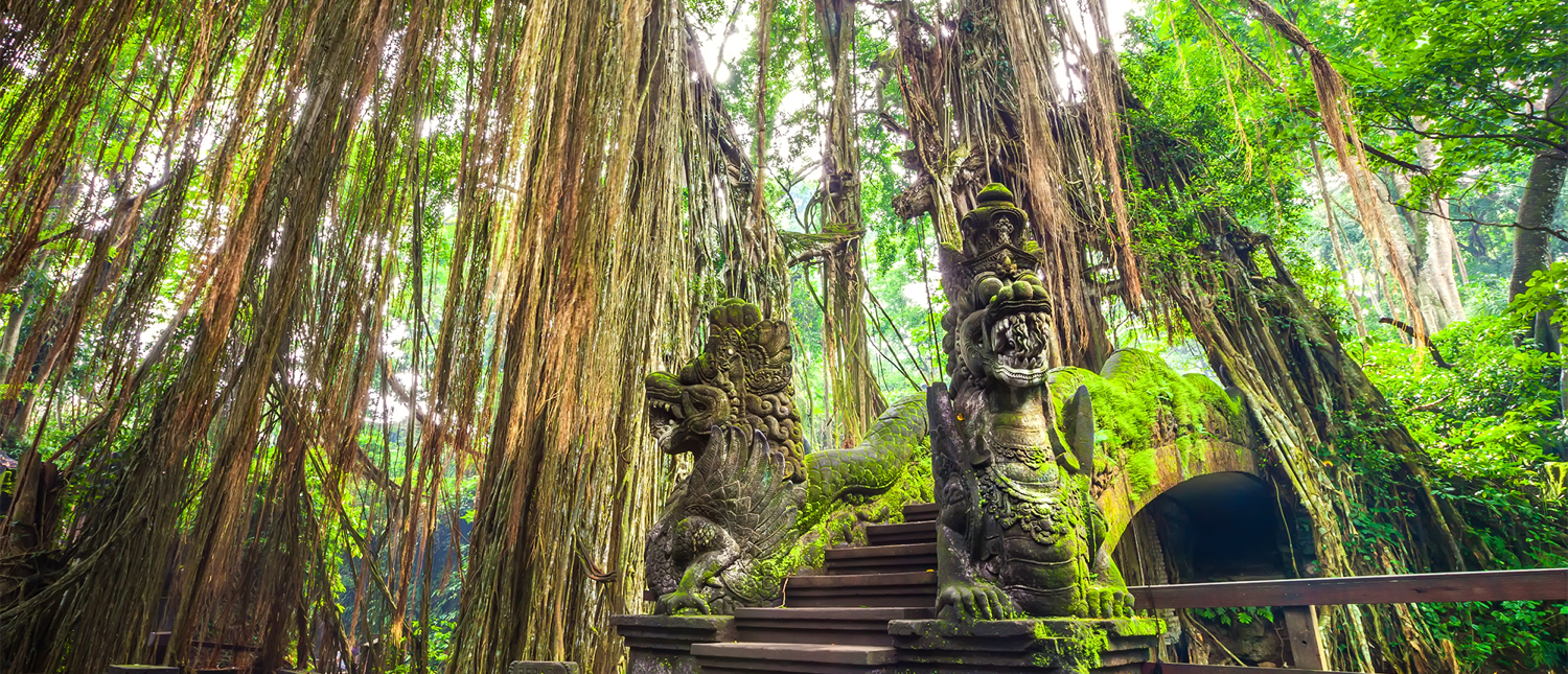 Moss-covered dragon statues guard ancient stone stairs amidst the dense, root-filled forest of Ubud.