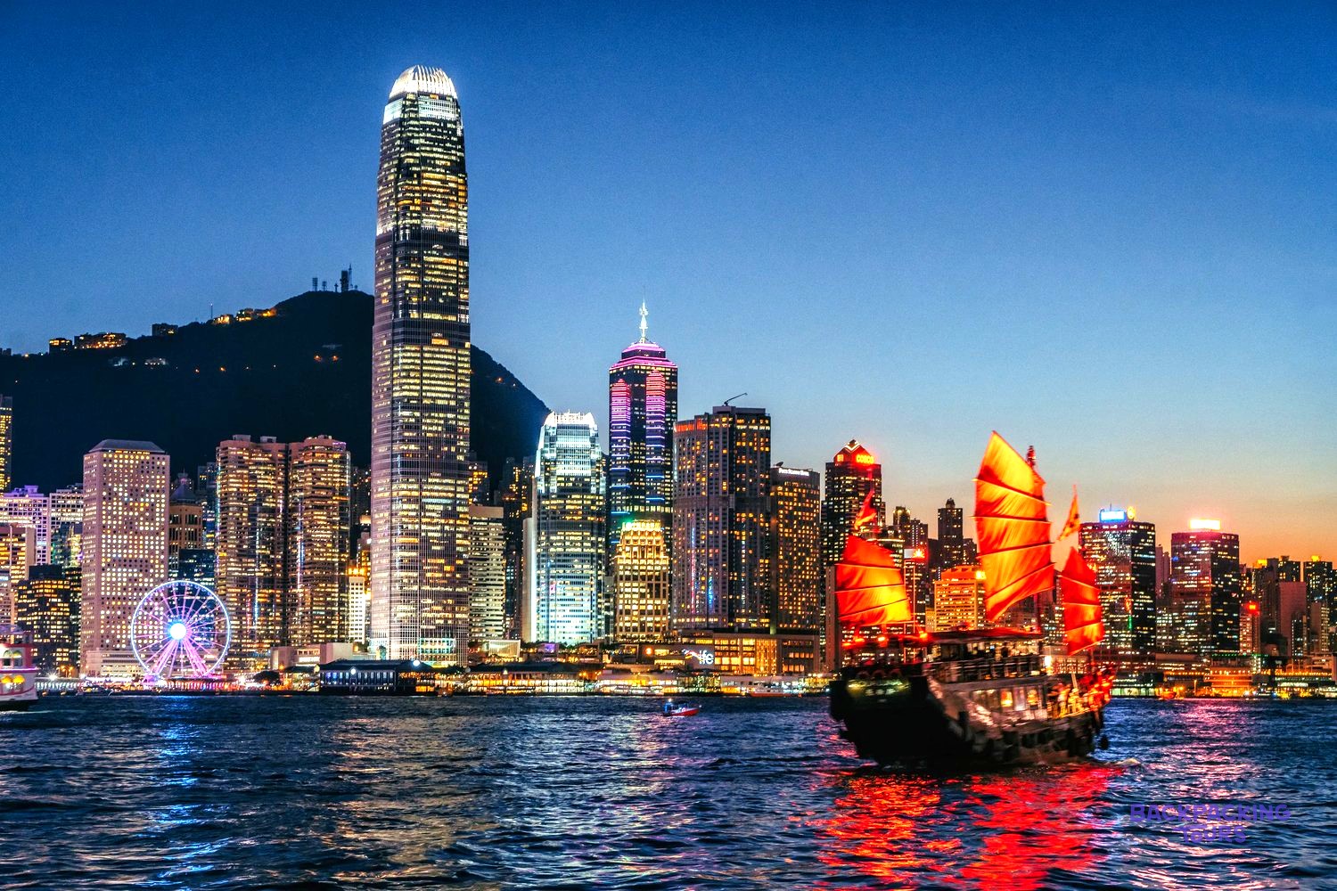 A red-sailed junk boat crosses Victoria Harbour beneath Hong Kong's lit-up skyscrapers at dusk.