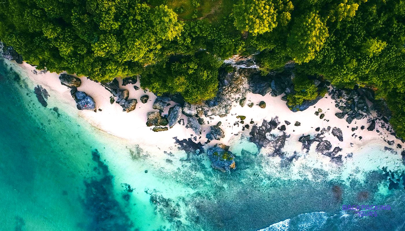Aerial view of a white sand beach scattered with dark rocks, where thick forest meets clear turquoise water.