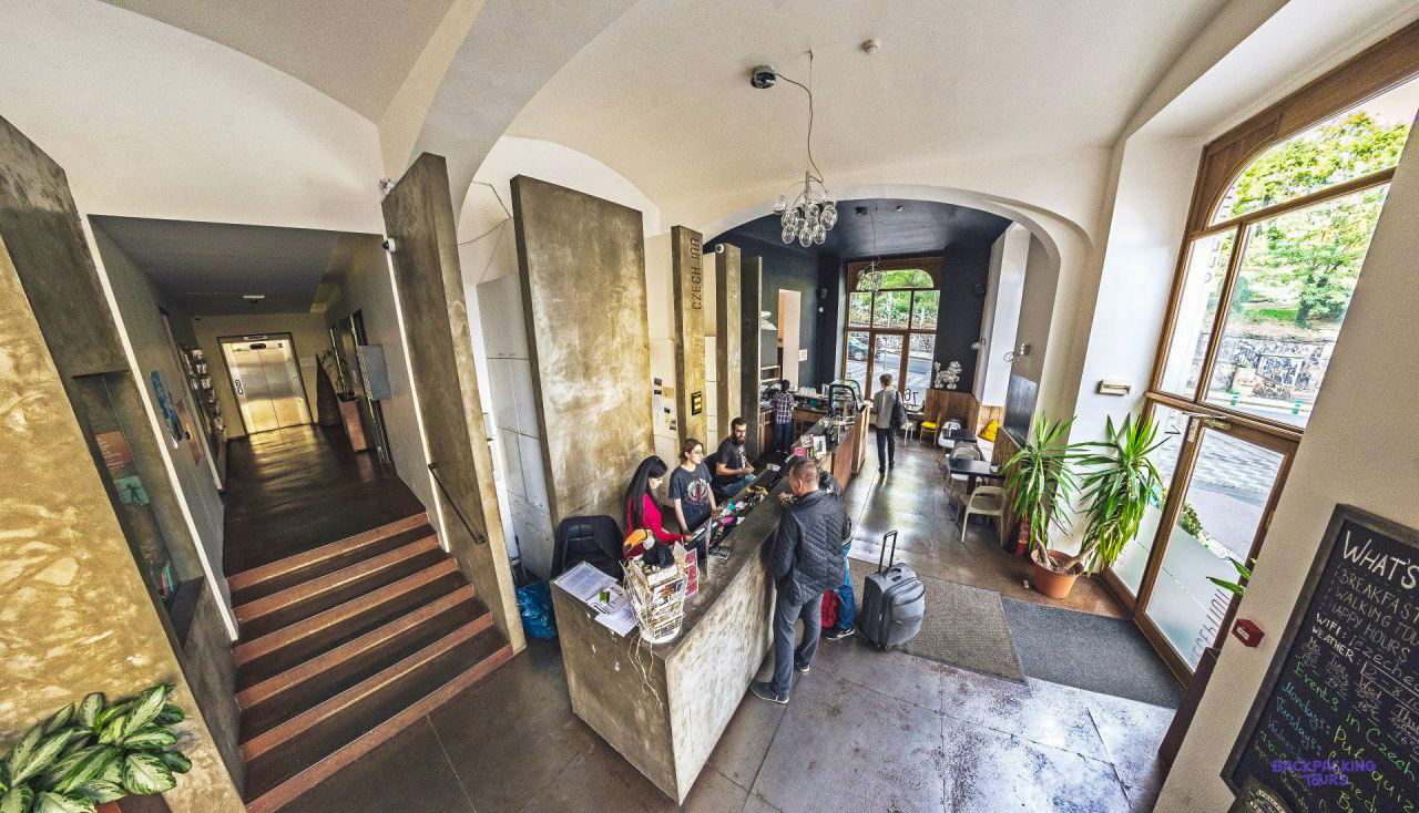 The reception and entrance hall of the Prague hostel