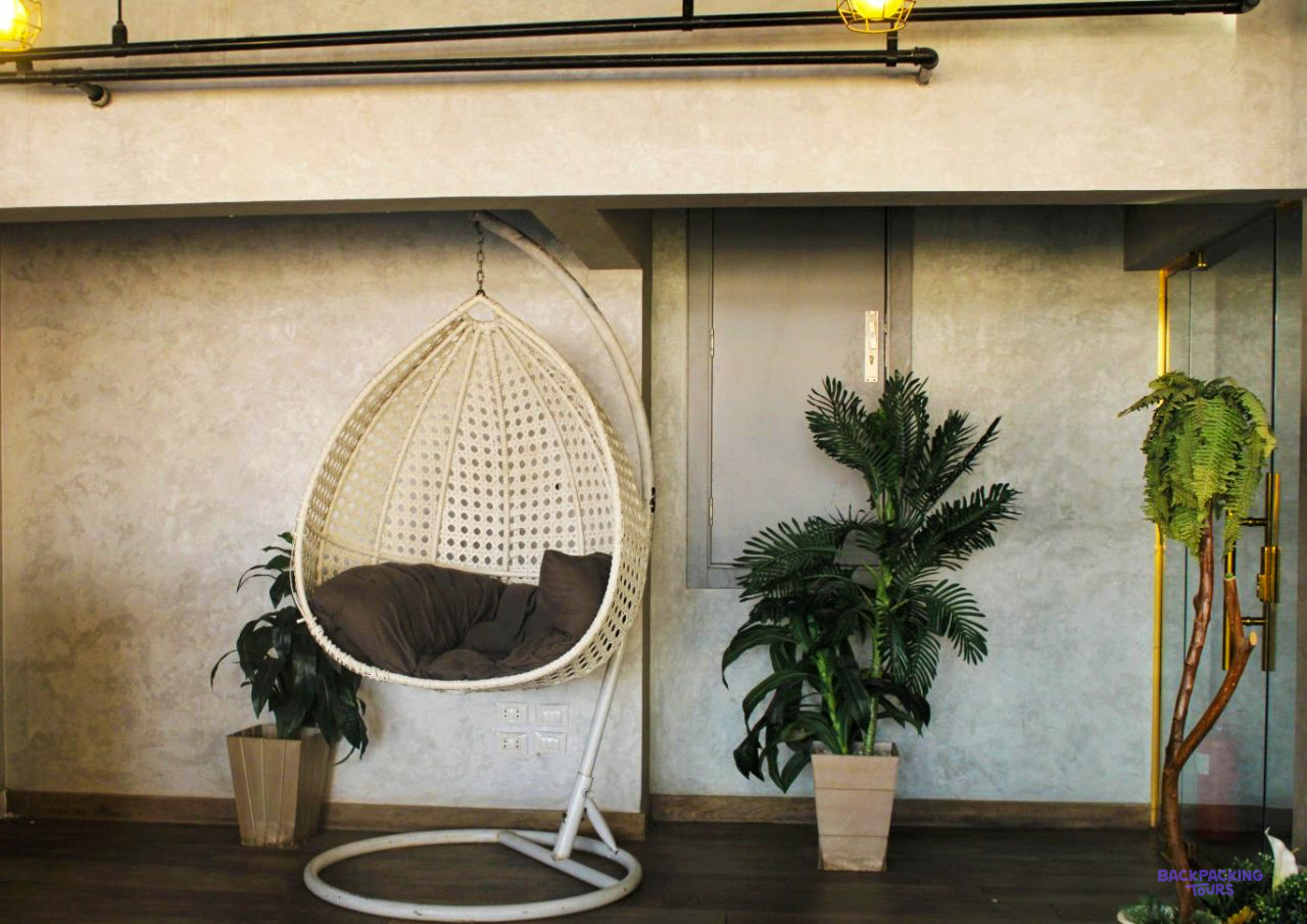 A hanging egg chair and potted plants at the hotel in Cairo