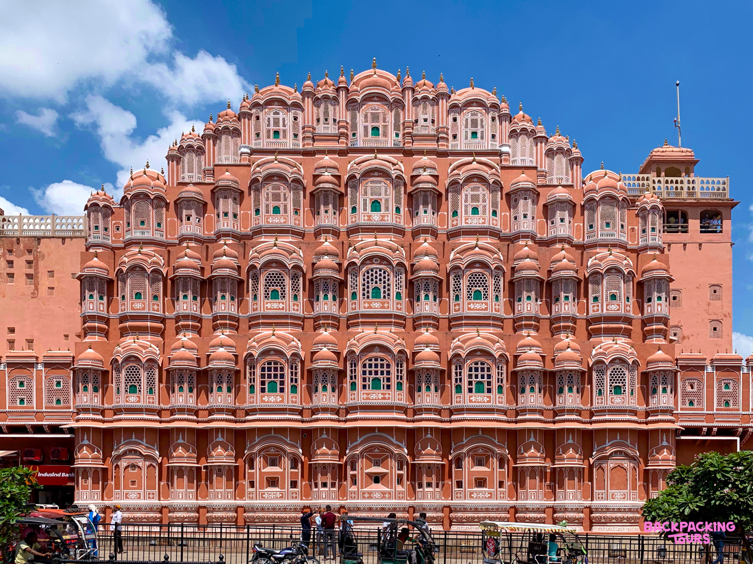 The iconic Hawa Mahal, or Palace of Winds, in Jaipur, India, with its distinctive pink facade.