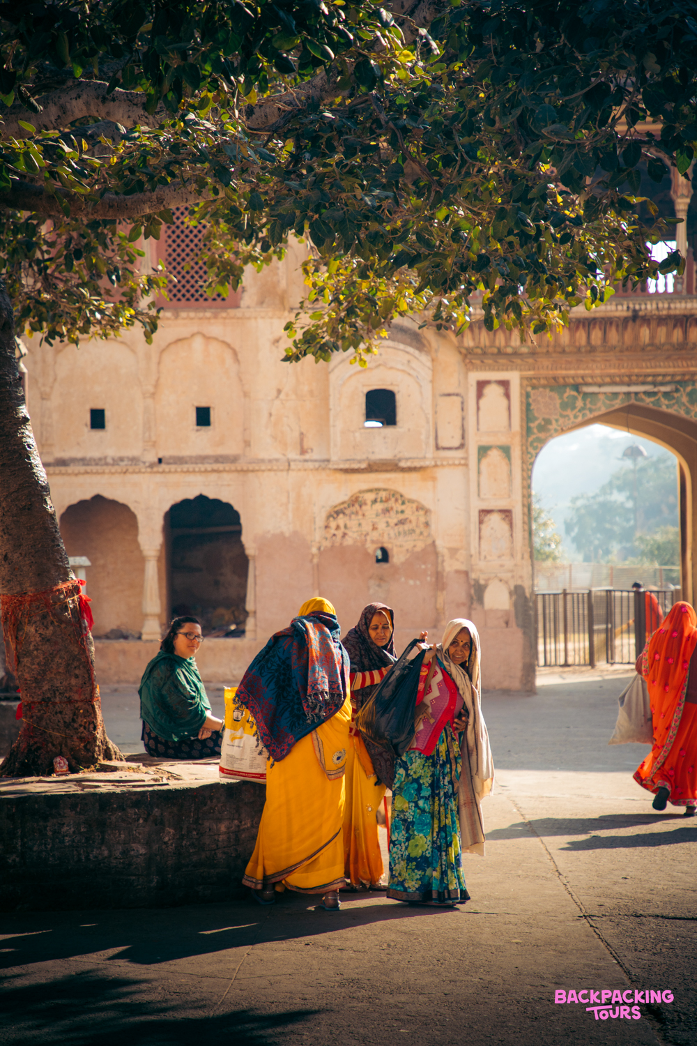 Locals in colorful saris gather under a tree by an ornate building in sunny Jaipur.