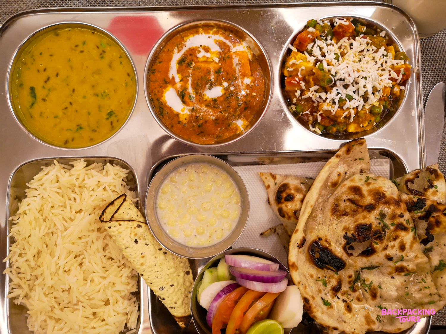 Enjoying a vibrant and delicious North Indian feast, featuring a variety of traditional dishes in Udaipur.