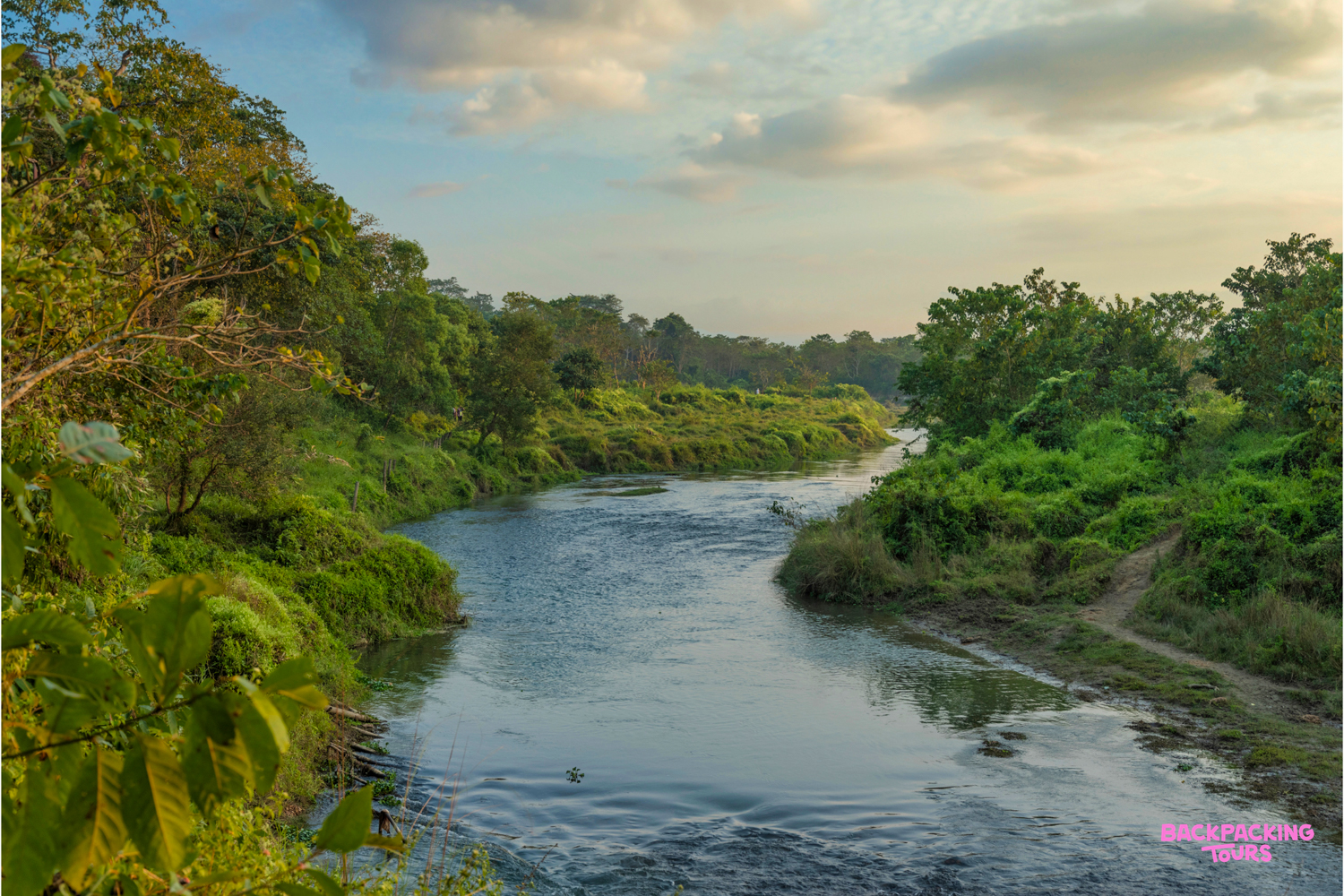A calm river winds through dense green jungle under a cloudy sky in Chitwan National Park.