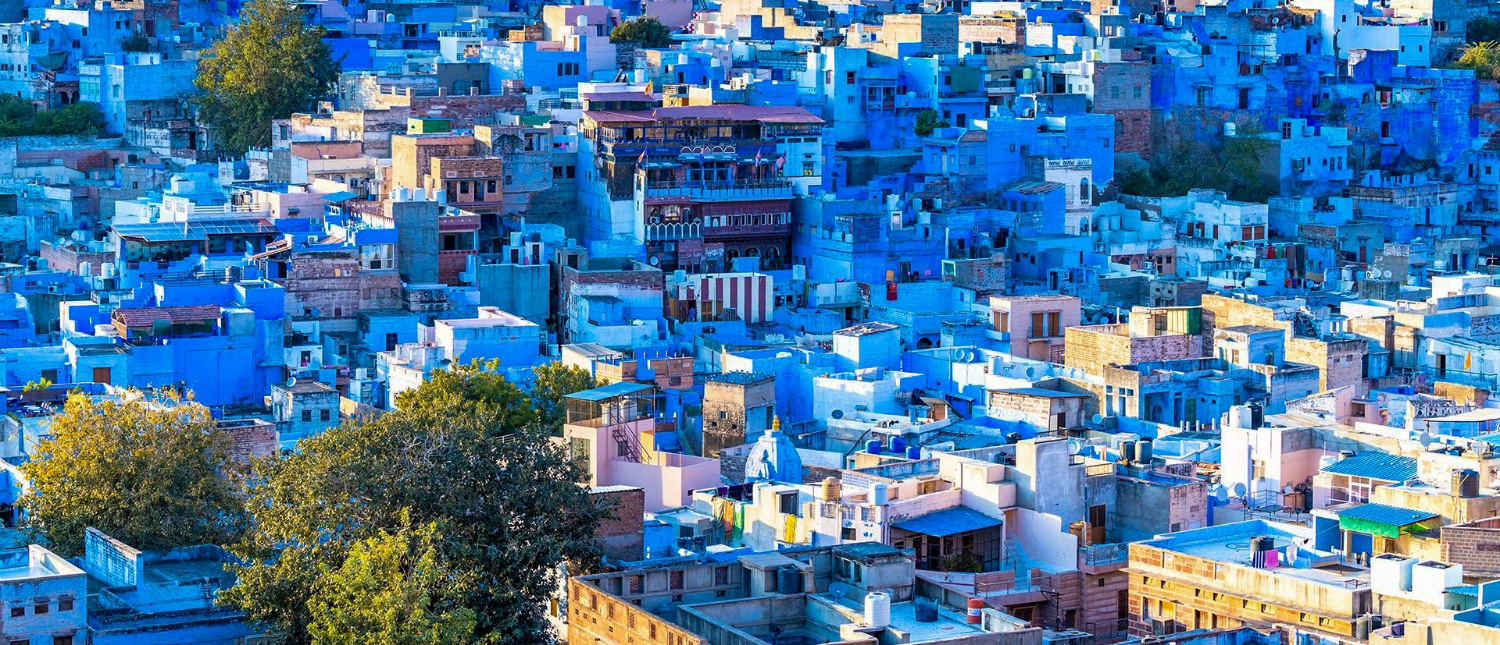 The enchanting blue city of Jodhpur, India, with its maze of blue-painted houses and rooftops.