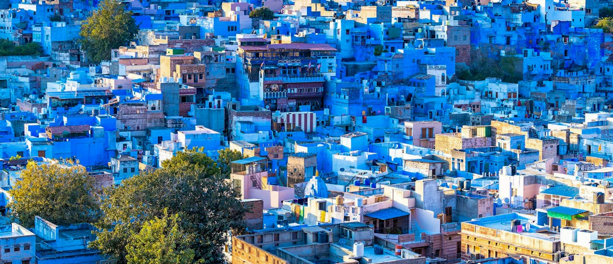 The enchanting blue city of Jodhpur, India, with its maze of blue-painted houses and rooftops.