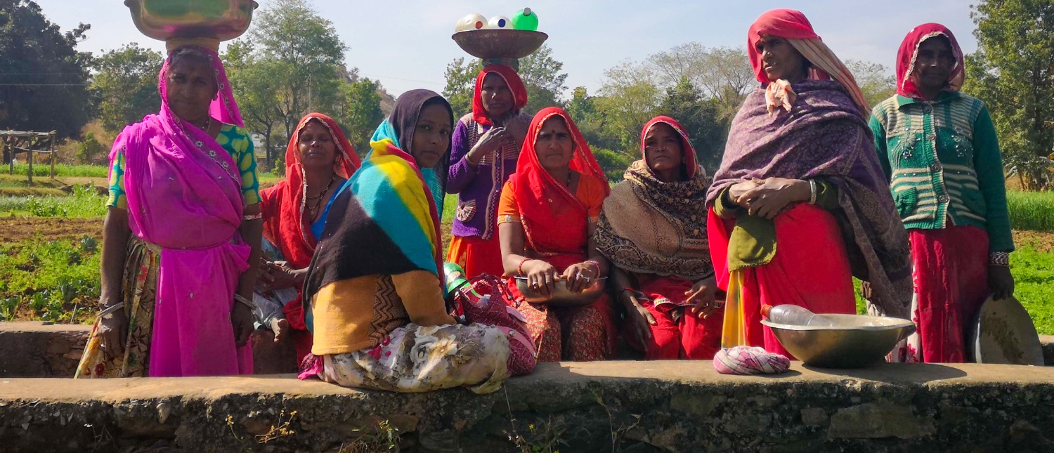 Eight Indian women in vibrant traditional clothing gather outdoors in Udaipur, some carrying baskets.