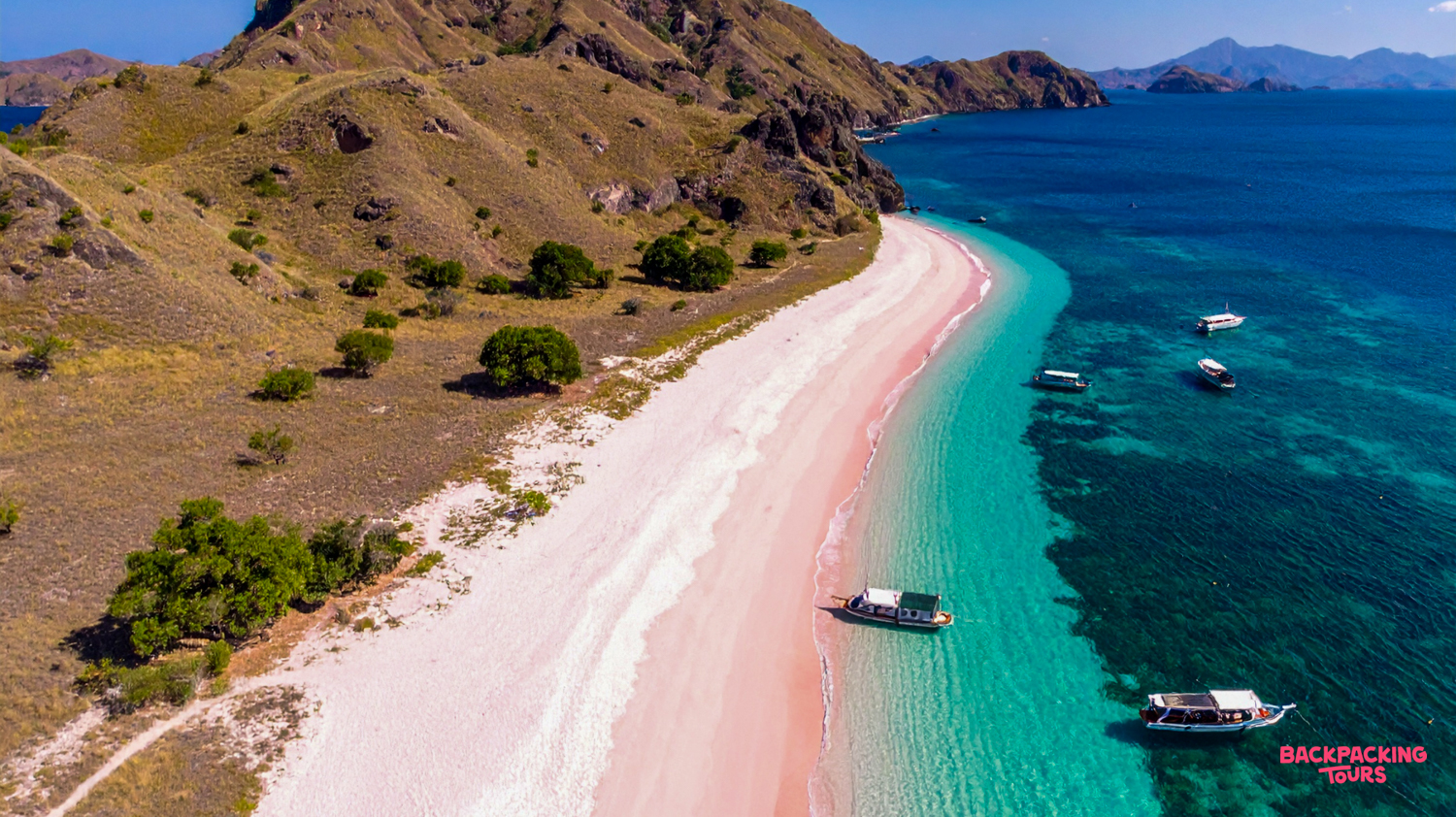 Boats anchored in clear turquoise water off a beautiful pink sand beach in Komodo National Park.