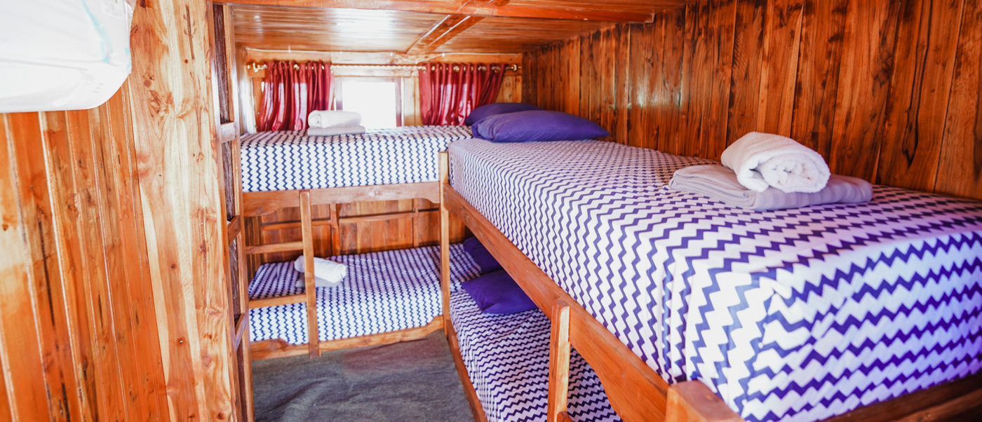 Wooden bunk beds with blue chevron sheets inside a cozy liveaboard boat cabin.