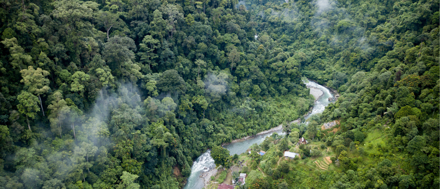Lush green rainforest covers steep hillsides with a winding river and a small waterfall in Sumatra.
