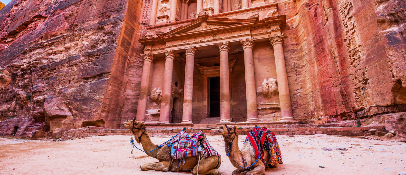 Two colourful saddled camels rest before the magnificent, ancient Treasury carved into Petra's red cliffs.