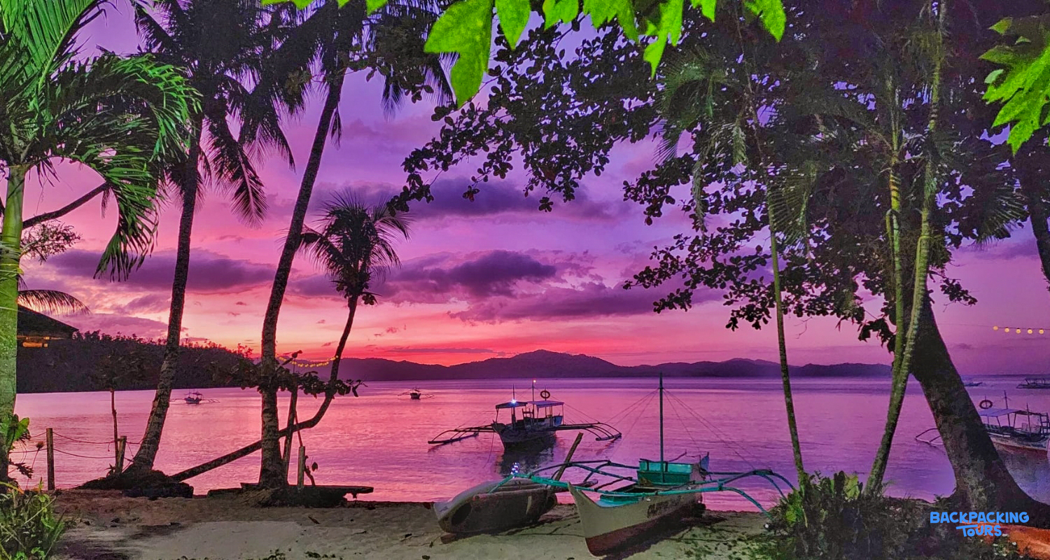 Beautiful purple and pink sunset over a tropical beach with palm trees and boats in Port Barton.