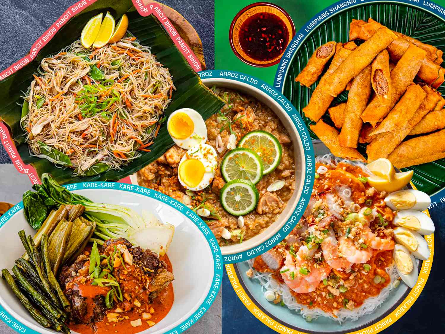 A vibrant collage of four traditional Filipino dishes, including pancit, lumpia, and kare-kare.