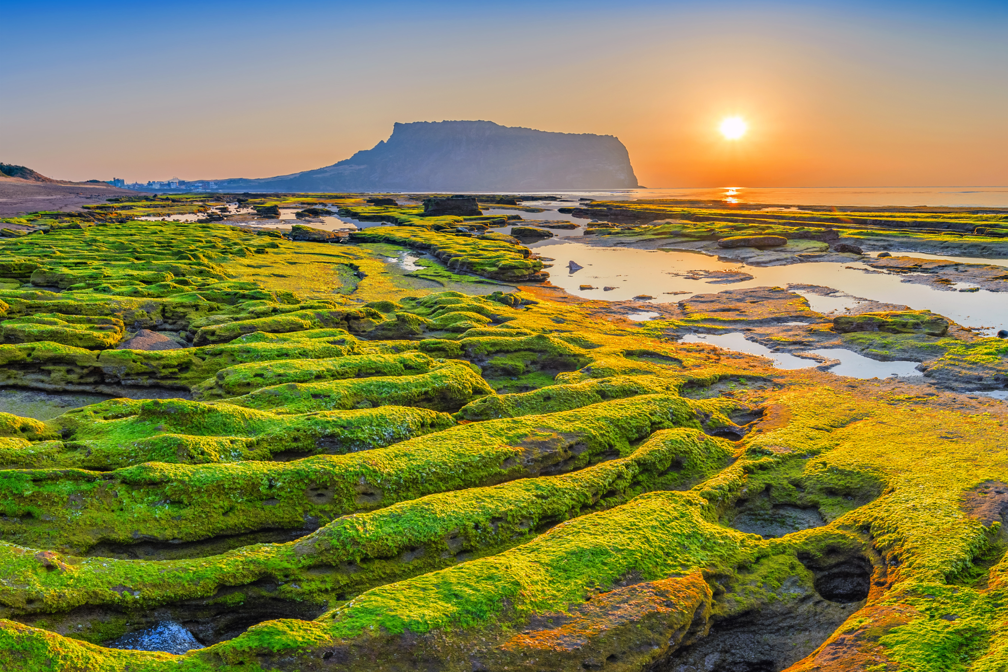 Sunrise over Seongsan Ilchulbong, Jeju Island, with vibrant green moss-covered rocks in the foreground.