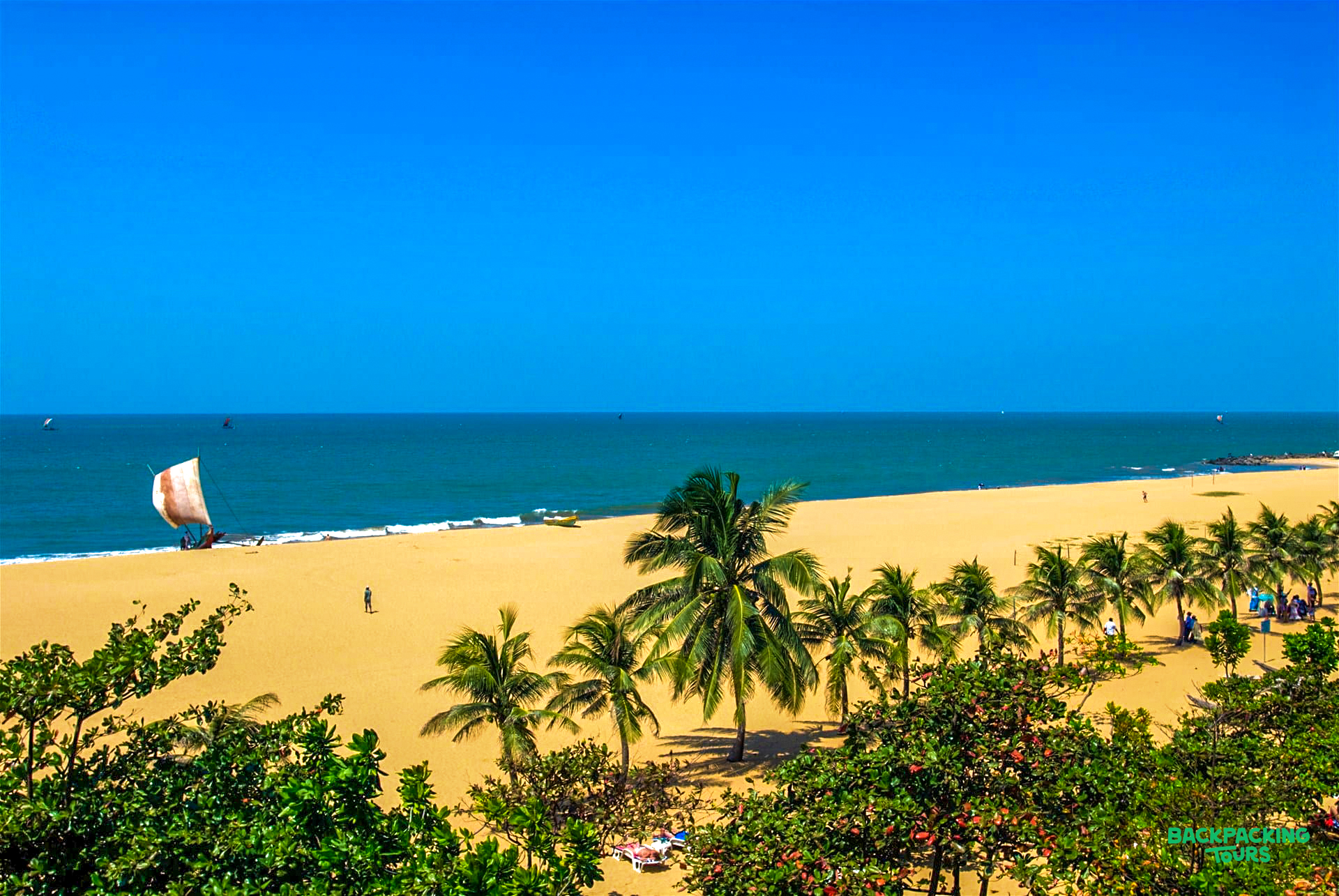 Weligama Beach in Sri Lanka with golden sand, lush palm trees, and a traditional fishing boat.